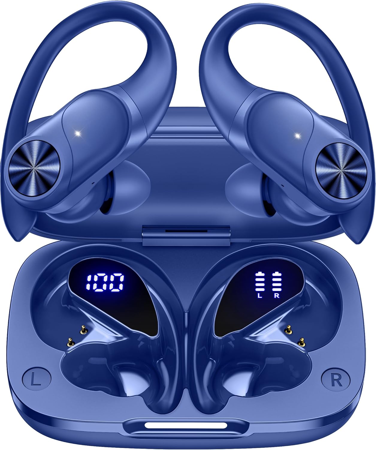 PocBuds Bluetooth Headphones Wireless Earbuds 80hrs Playtime Wireless Charging Case Digital Display Sports Ear Buds with Earhook Deep Bass IPX7 Waterproof Over-Ear Earphones for TV Phone Laptop Navy