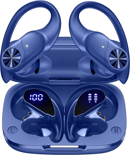 PocBuds Bluetooth Headphones Wireless Earbuds 80hrs Playtime Wireless Charging Case Digital Display Sports Ear Buds with Earhook Deep Bass IPX7 Waterproof Over-Ear Earphones for TV Phone Laptop Navy