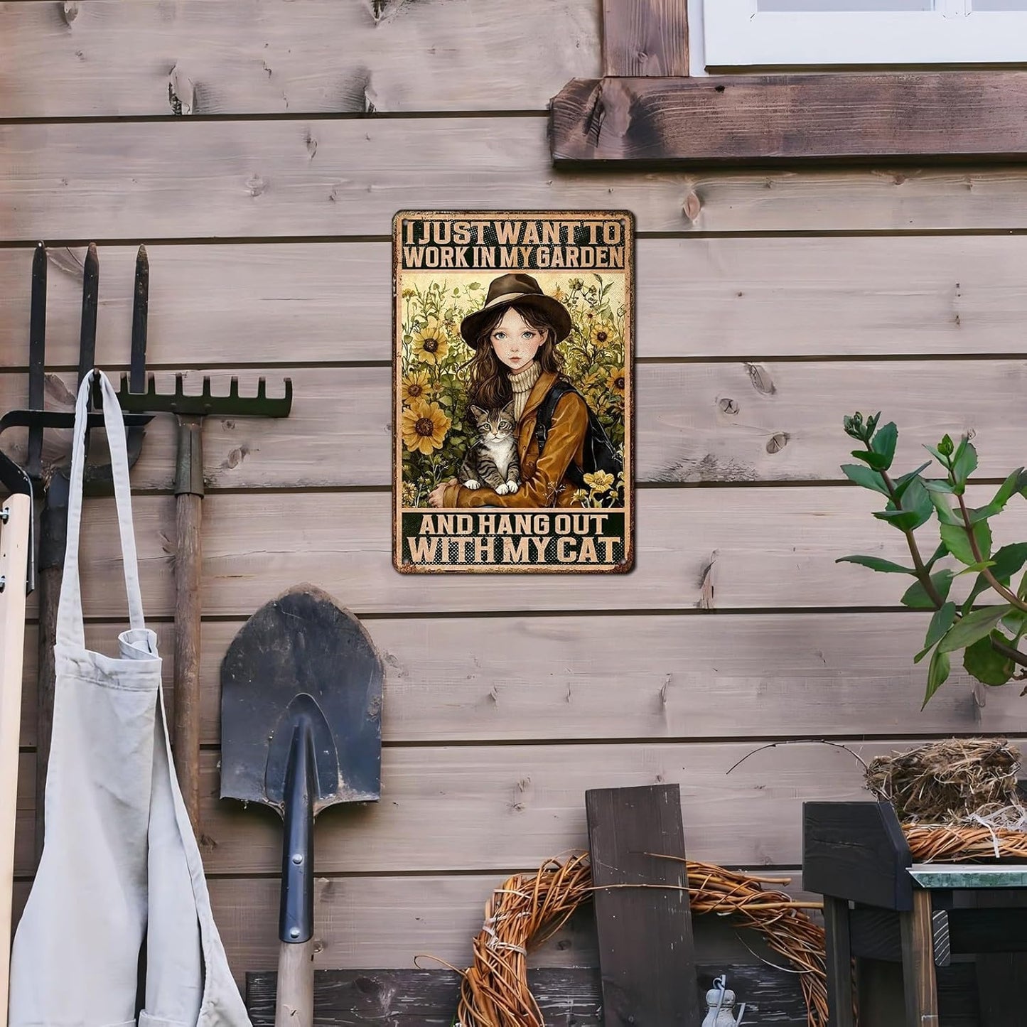 Cat Garden Vintage Tin Sign I Just Want To Work In My Garden and Hang Out With My Cat Retro Metal Tin Sign Sunflower Decor for Home Fence Porch Room Wall Decor Poster 12 * 8inch
