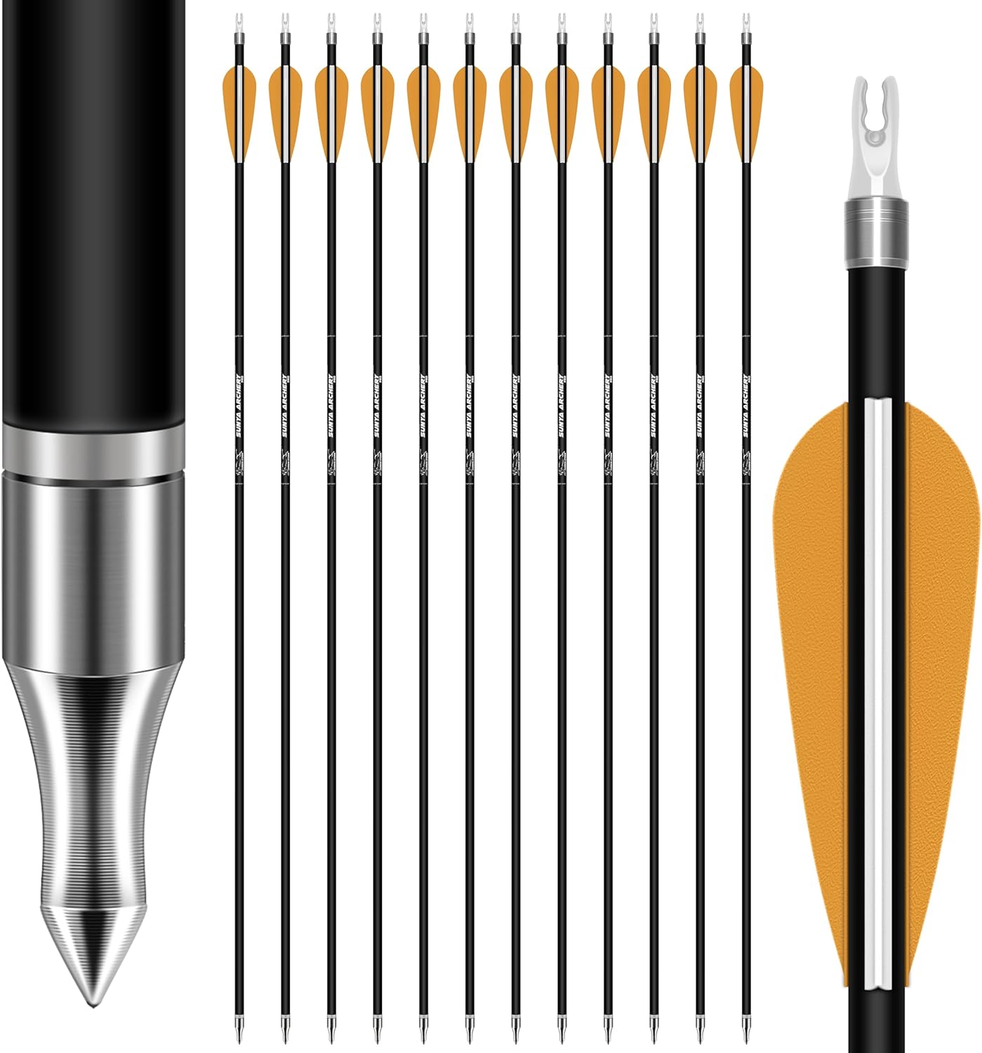 SUNYA 12-Pack 30 Inch Carbon Arrows Spine 500 or 400 for 40-60 LBS Bows｜Switch to Recurve/Compound Modes, Anti-Loose O-Ring & TPU Vanes for Hunting/Target Practice