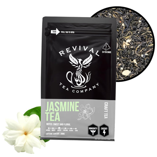 Revival Tea Company Jasmine Tea - Green Tea Blend with Jasmine Petals - 24 Tea Bags