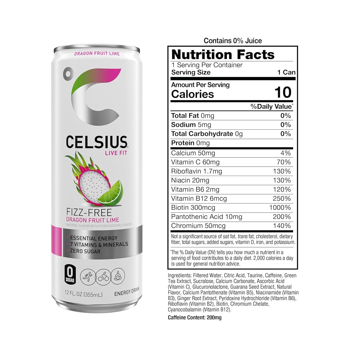 CELSIUS Fizz Free Dragon Fruit Lime, Sugar Free Energy Drink, 12 Fl Oz (Pack of 12)