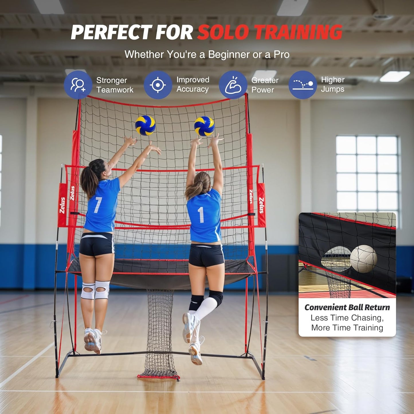 ZELUS Volleyball Training Equipment, 11x8 ft Volleyball Practice Net Station with Adjustable Height & Ball Return