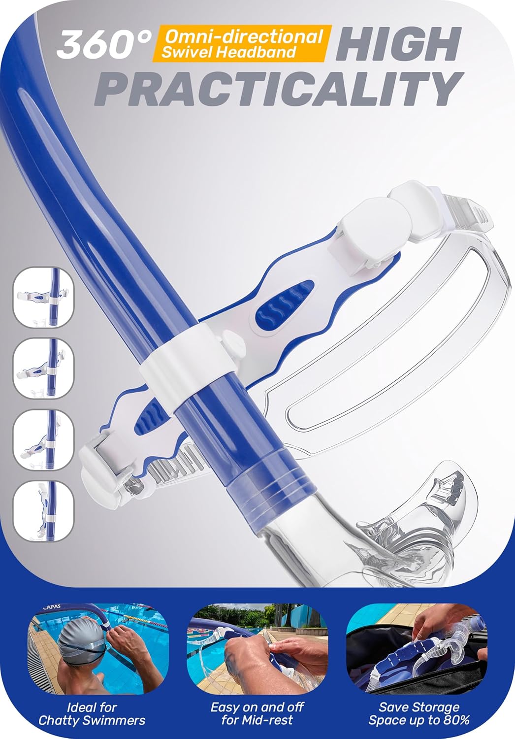 CAPAS Training Swim Snorkel for Lap Swimming, Swivel Headband Ultimate Fit Center-Mount Swimmers Snorkel with Liquid Silicone Mouthpiece Adjustable Strap, Designed for Adult Men Women