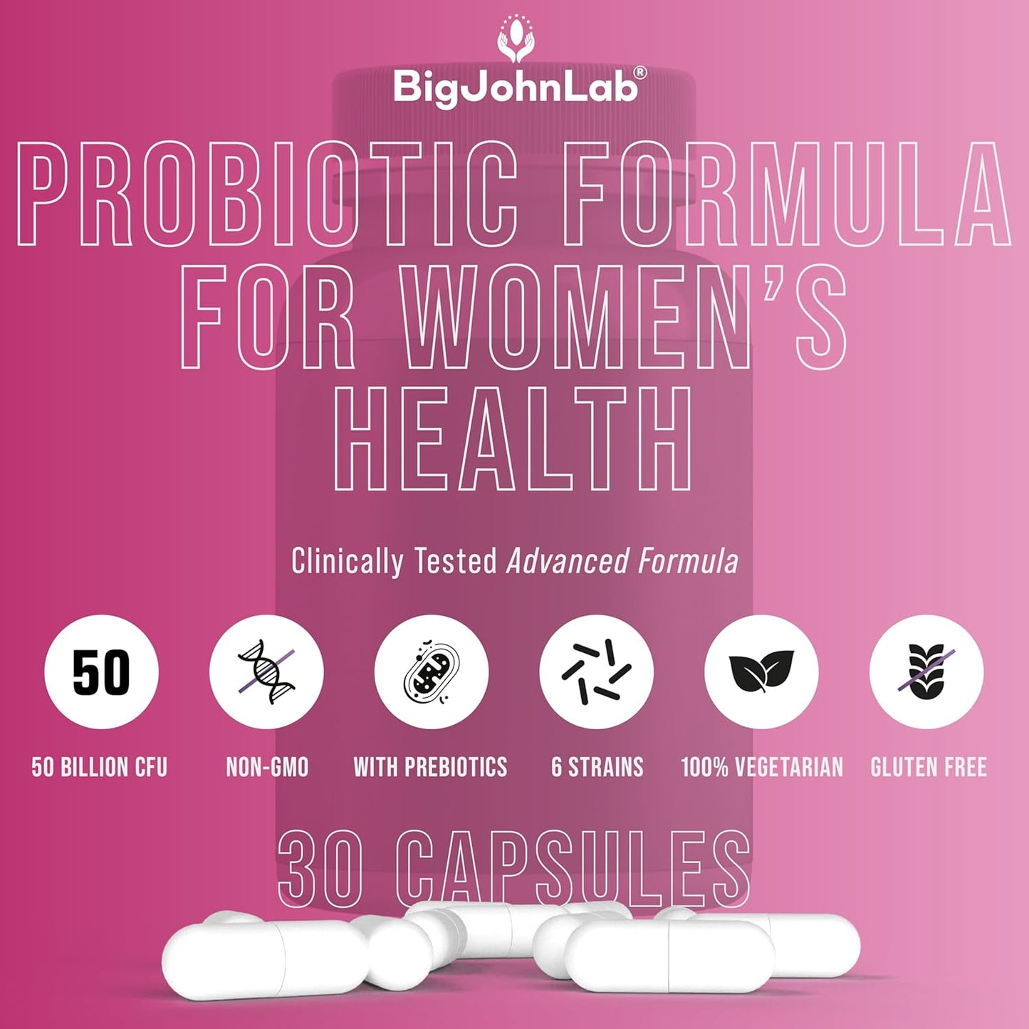 BIGJOHNLAB® - Women's Probiotic Supplement – 50 Billion CFU, 6 Active Strains + Prebiotics – Supports Digestion, Immunity & Wellness – Acid-Resistant, Dairy & Sugar Free, No Refrigeration, 30 Capsules