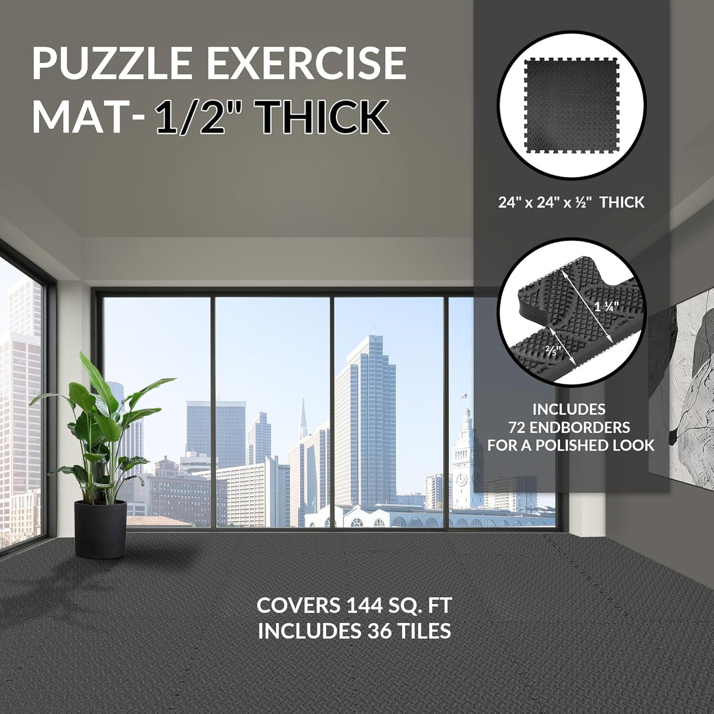 Puzzle Exercise Gym Flooring Mat, 1/2" Thick High-Density EVA Interlocking Tiles Workout Mat for Home Gym, Fitness Equipment, MMA, Gymnastics, 36-Piece Shock-Absorbing Exercise Mat (144 Sq Ft)