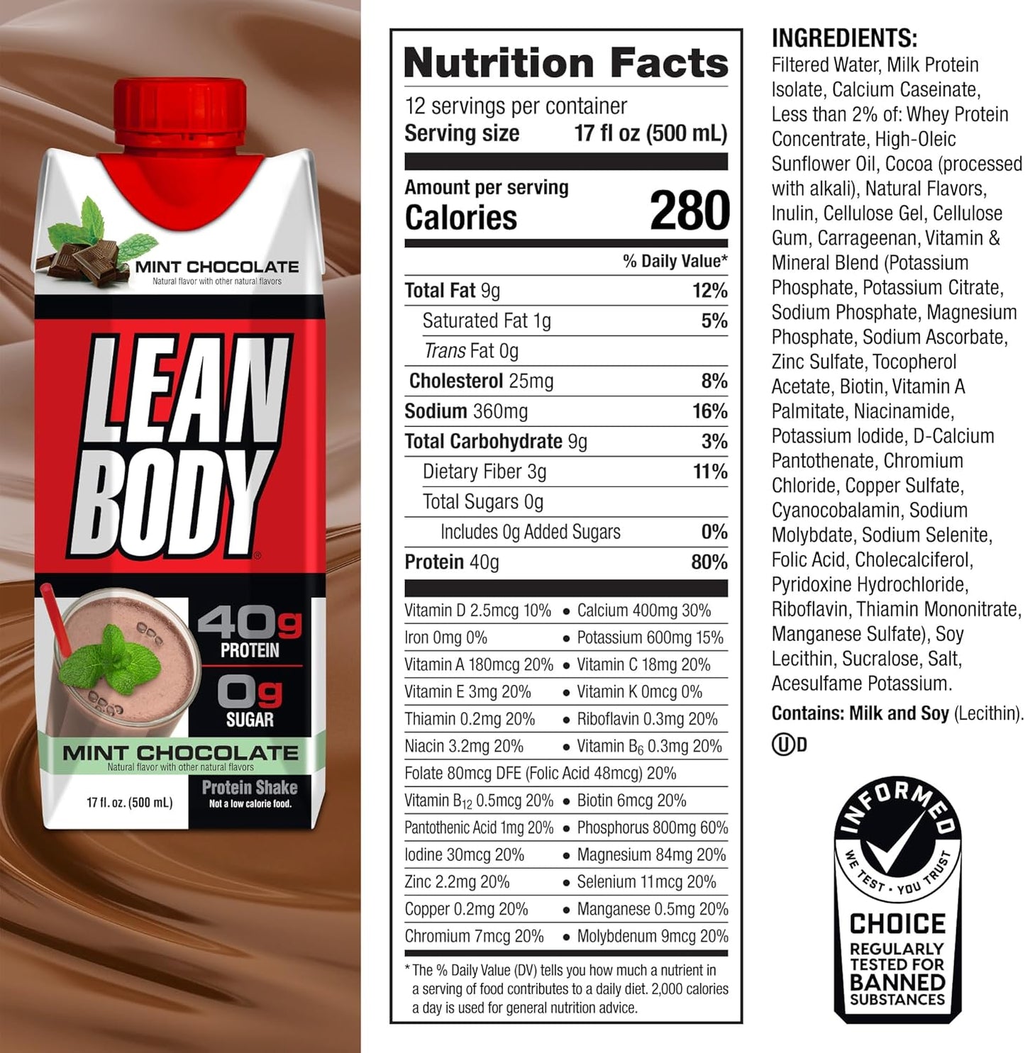 Labrada Lean Body Ready-to-Drink Mint Chocolate Protein Shake, 40g Protein, Whey Blend, 0 Sugar, Gluten Free, 22 Vitamins & Minerals, (Recyclable Carton & Lid - Pack of 12) LABRADA