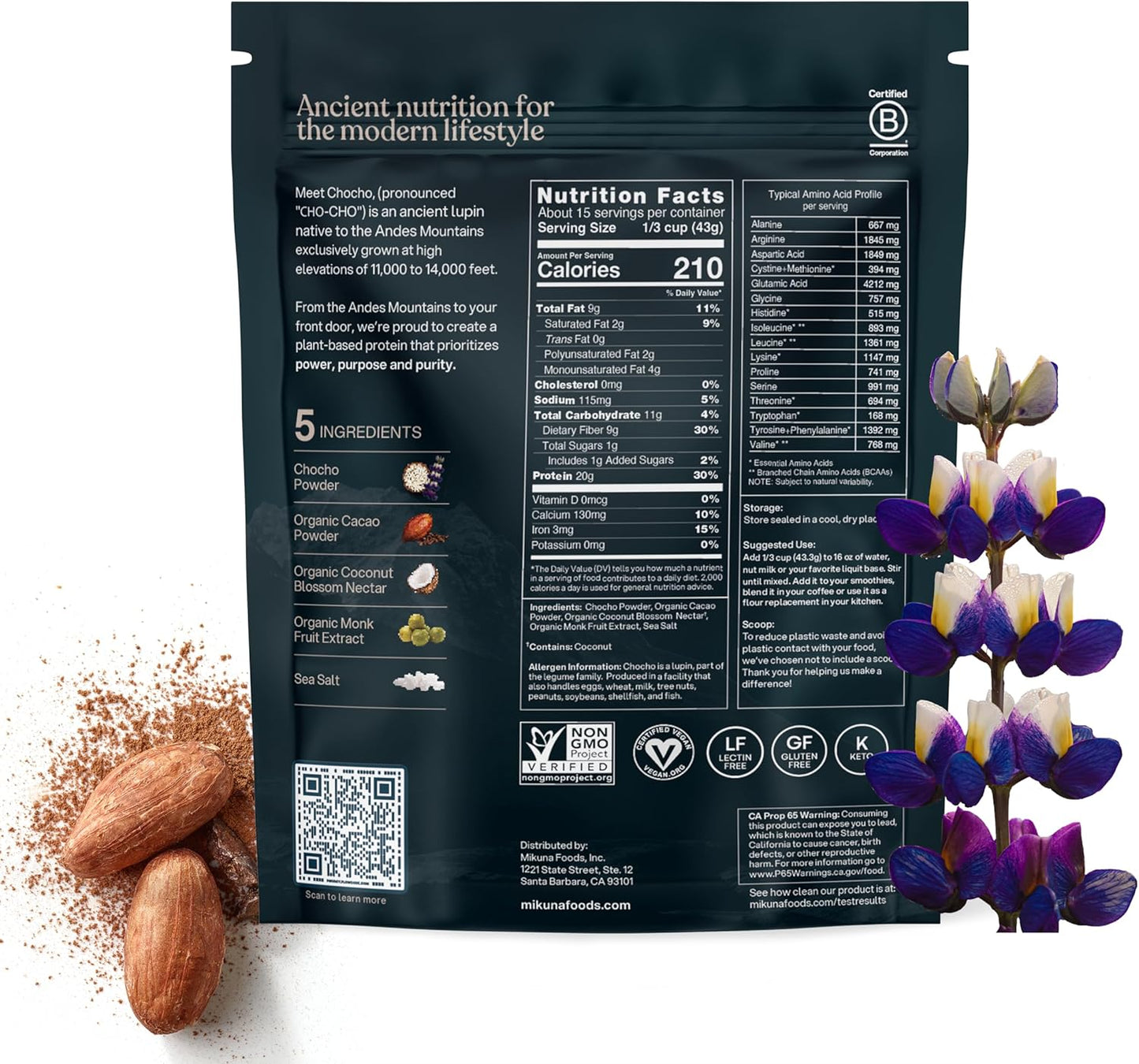 Mikuna Vegan Protein Powder (Cacao, 15 Servings) - Plant Based Chocho Superfood Protein - Dairy Free Protein Powder Packed with Vitamins, Minerals & Fiber - Gluten, Keto & Lectin-Free