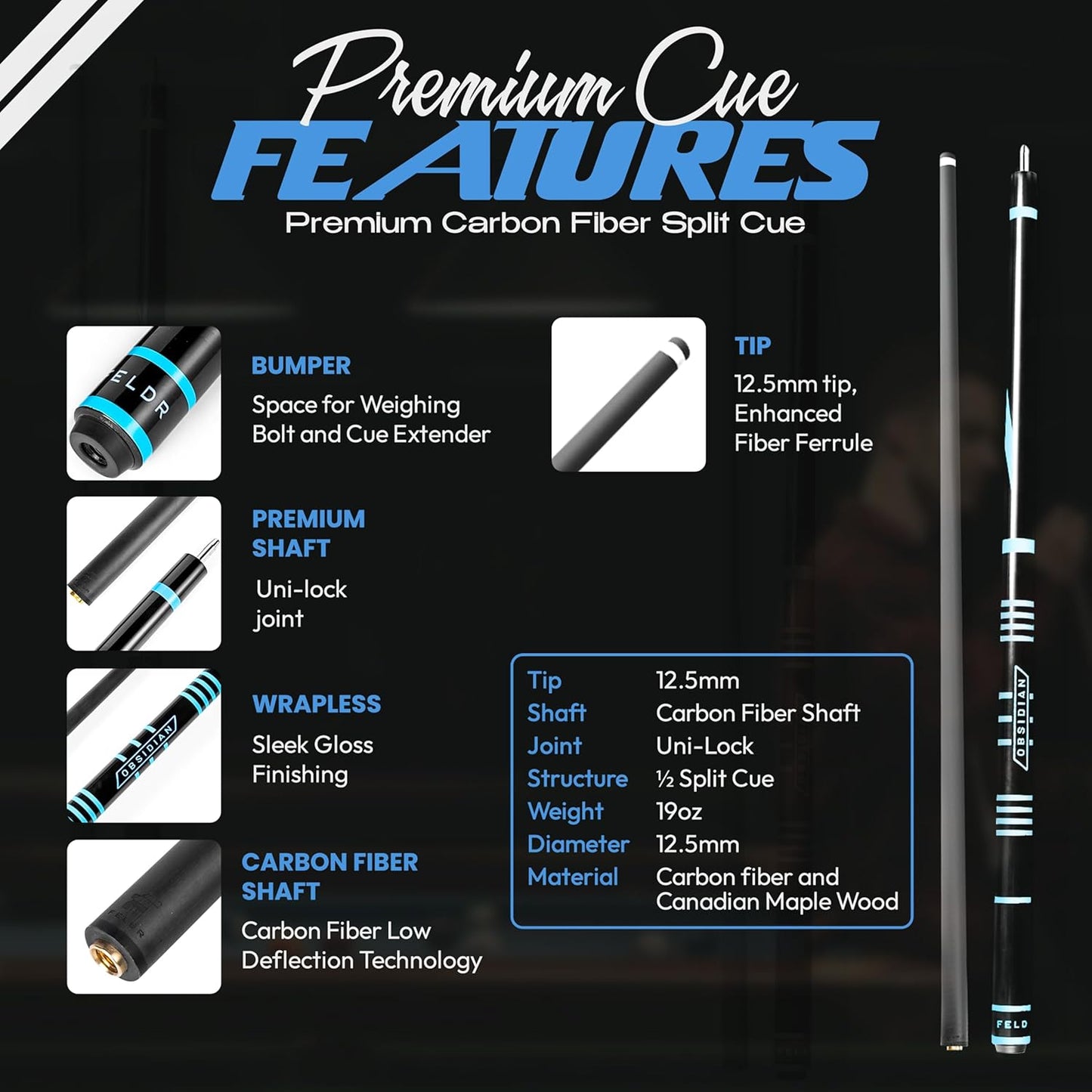 Obsidian Carbon Fiber Pool Cue Stick 57" Billiard Cue Sticks Professional Low Deflection Pool Sticks with 12.5mm Tip, Microfiber Cloth, Gloves, Pool Cue Case & Pool Cue Chalk for Adults