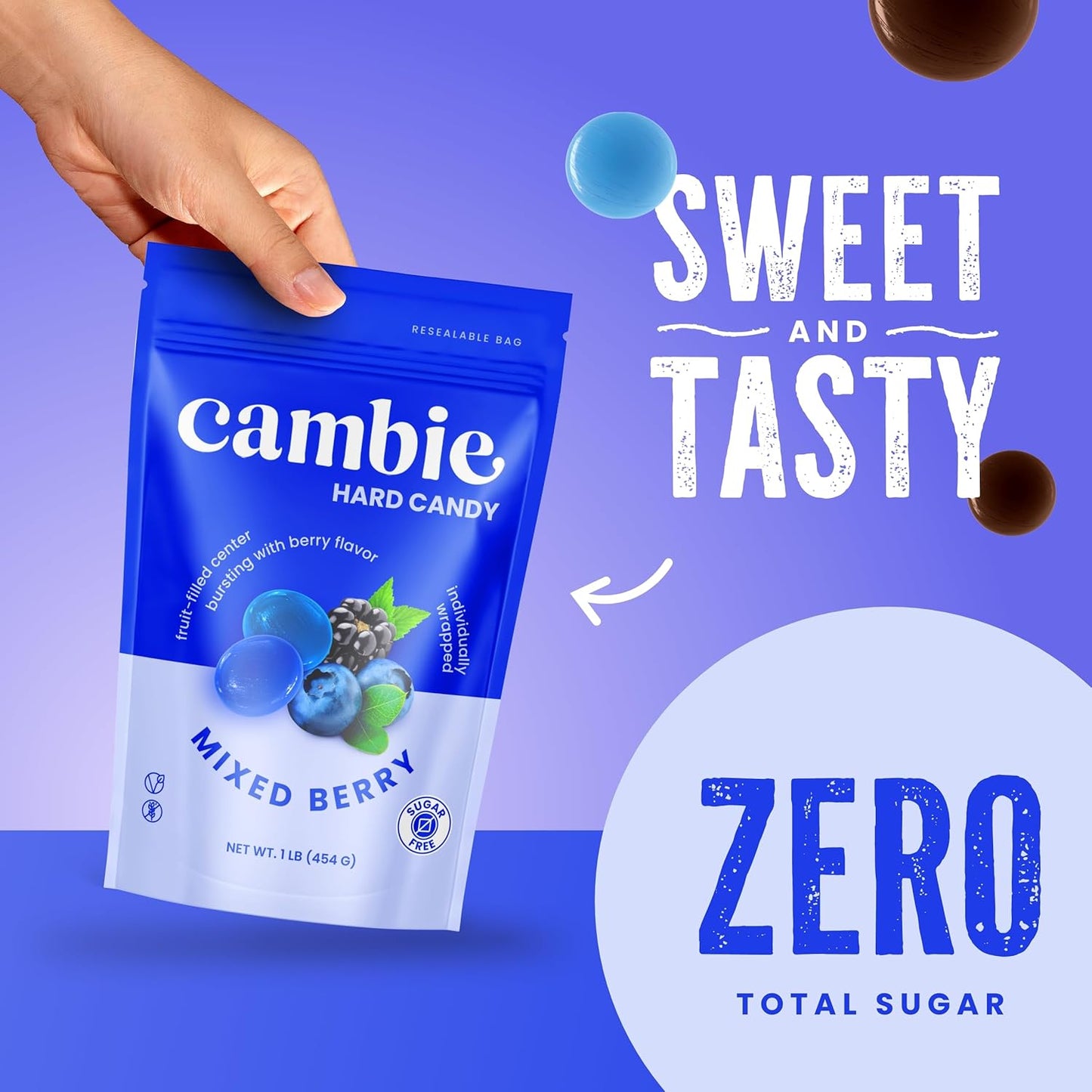 Cambie Sugar Free Mixed Berry Hard Candy - 1 Pound of Individually Wrapped Sugar Free Hard Candy, Berry Burst with Blueberry & Blackberry Flavor, Keto & Diabetic Friendly