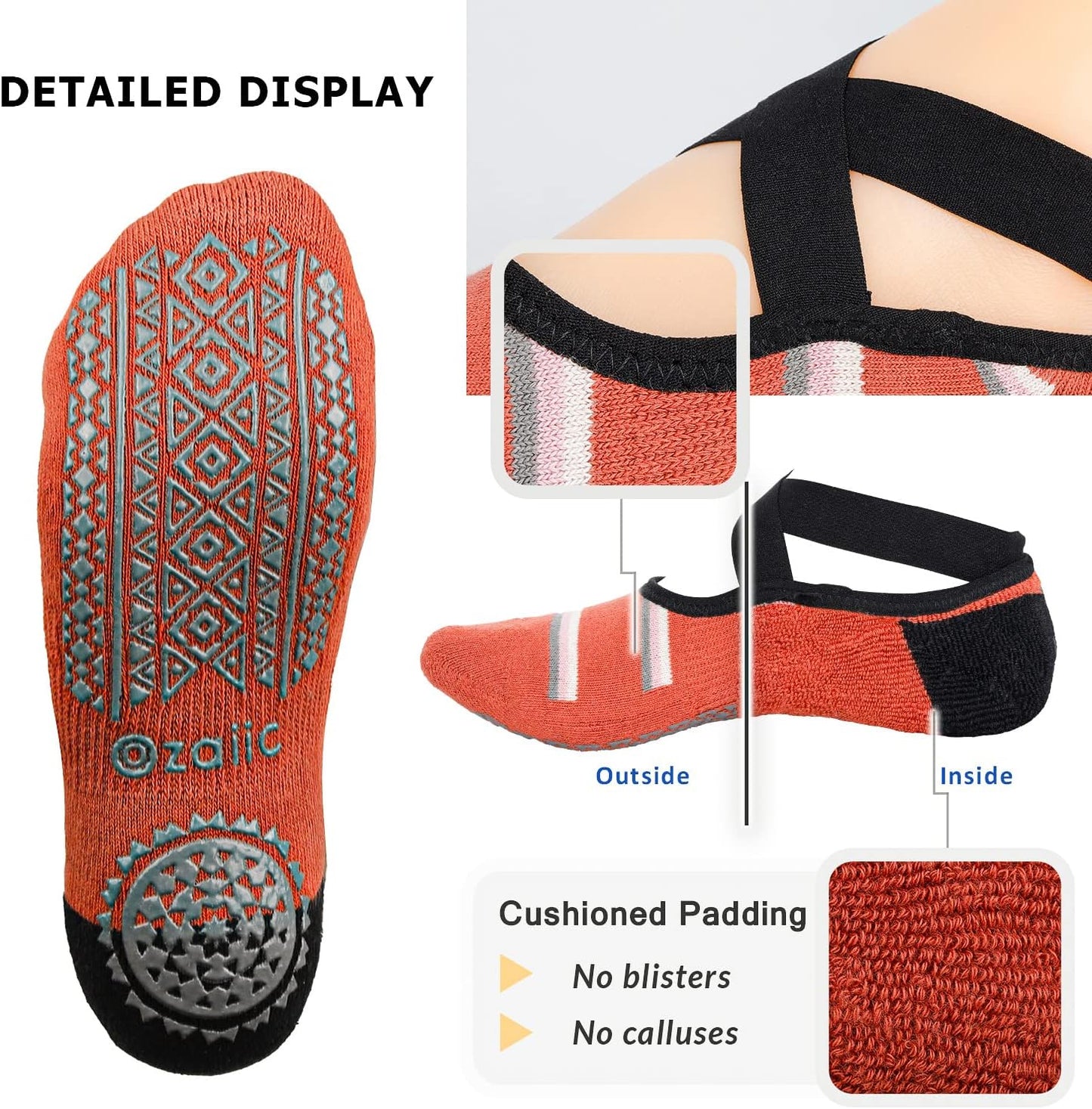 Ozaiic Yoga Socks for Women Non-Slip Grips & Straps, Ideal for Pilates, Pure Barre, Ballet, Dance, Barefoot Workout