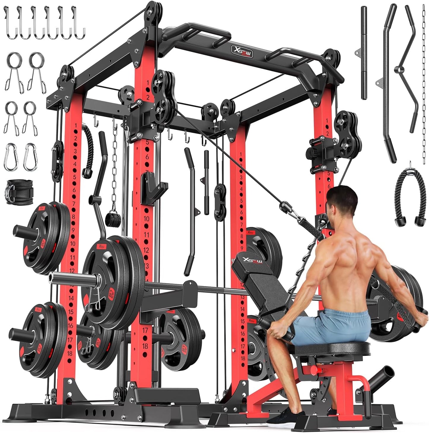 Power Cages Multi-Purpose Squat Rack with Cable Crossover System, Matching Weight Bench, Olympic Barbell Weight Set for Garage and Home Gyms