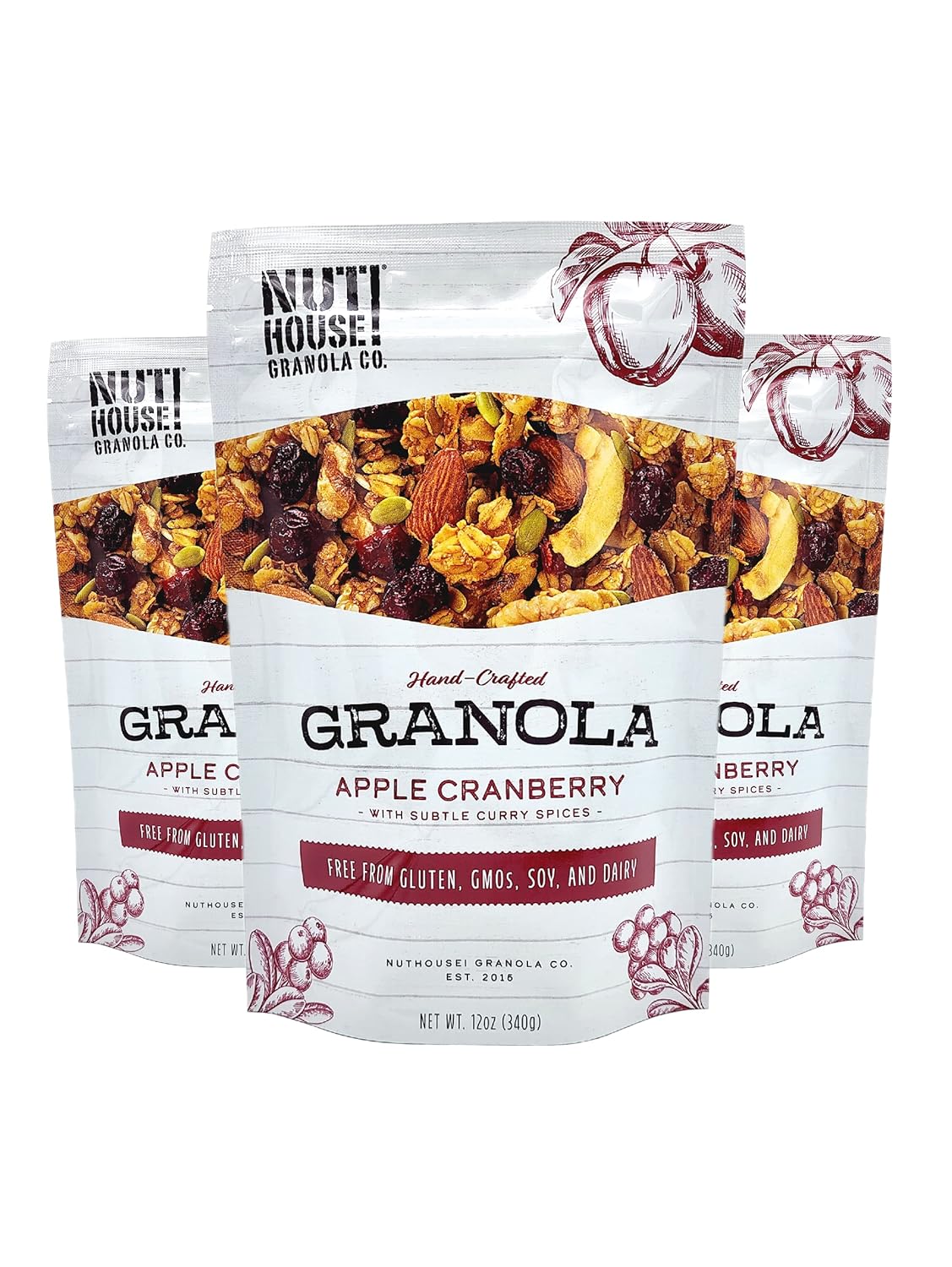 NutHouse! Granola Company - Premium Apple-Cranberry Granola | Certified Gluten-Free, Non-GMO, Kosher | Vegan, Soy-Free | 12 oz. Bag (3-Pack)