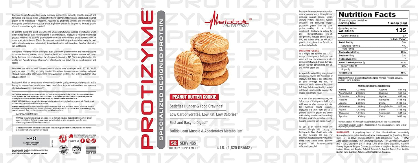 Metabolic Nutrition, Protizyme, 100% Whey Protein Powder, High Protein, Low Carb, Low Fat Whey Protein, Digestive Enzymes, 24 Essential Vitamins and Minerals, 4 Pound (52 ser)