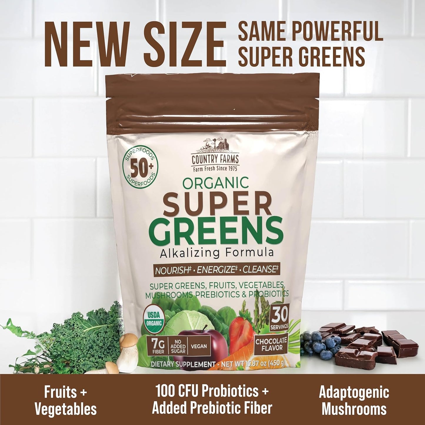 COUNTRY FARMS Super Greens Chocolate Flavor, 50 Organic Super Foods, USDA Organic Drink Mix (Wheat Grass, Spirulina, Chlorella) Mushrooms & Probiotics, with Fiber, Natural Energy, 30 Servings