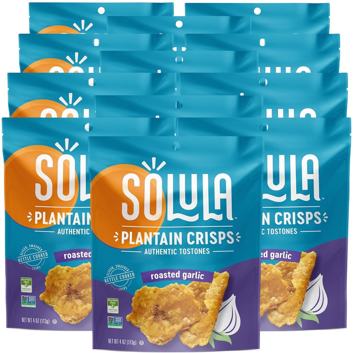 Solula Plantain Crisps Authentic Tostones, Roasted Garlic, 4 Ounce (Pack of 12), Kettle Cooked Chips, Gluten Free, Paleo Friendly, Grain Free, Vegan