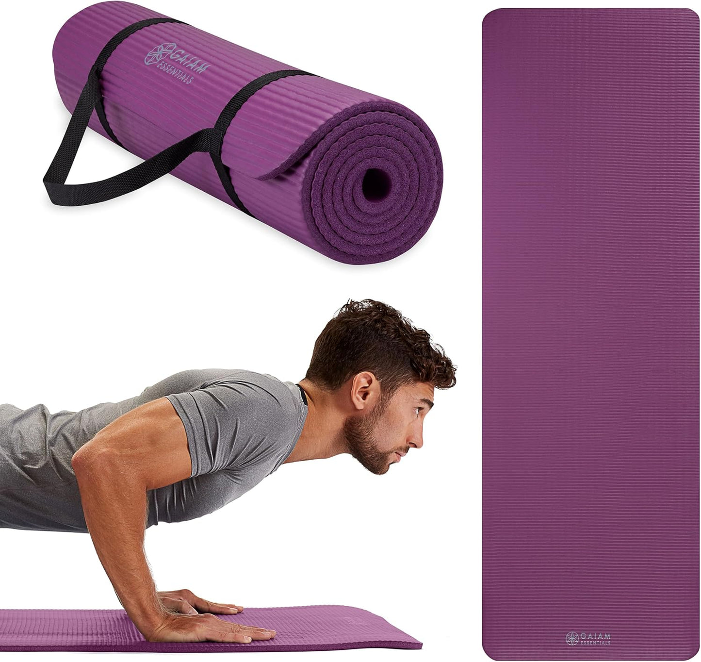 Gaiam Essentials Thick Yoga Mat Fitness & Exercise Mat with Easy-Cinch Yoga Mat Carrier Strap, 72"L x 24"W x 2/5 Inch Thick