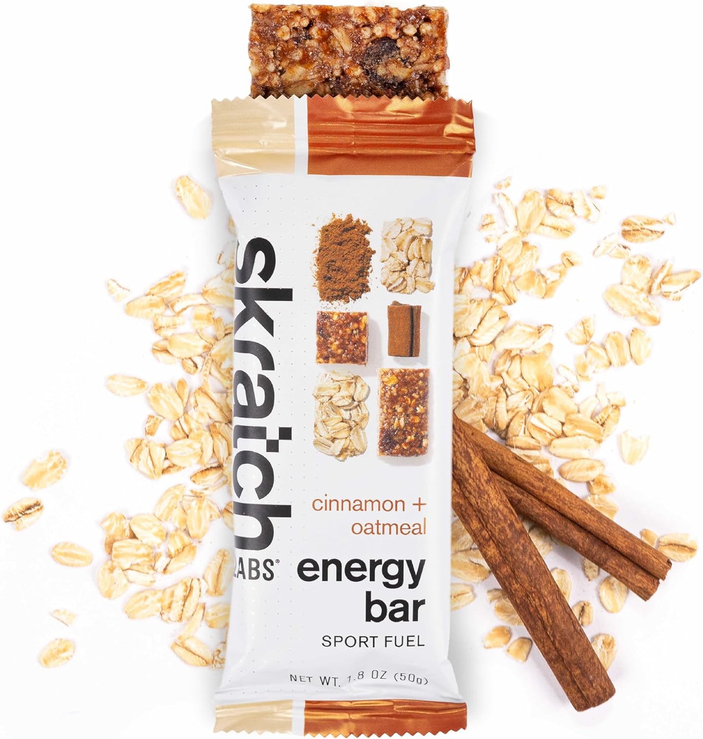 Skratch Labs Energy Bar | Cinnamon + Oatmeal (12 Pack) | Plant Based Healthy Snack | Low Sugar - 5g Protein | Non-GMO, Gluten Free, Soy Free, Vegan, Kosher
