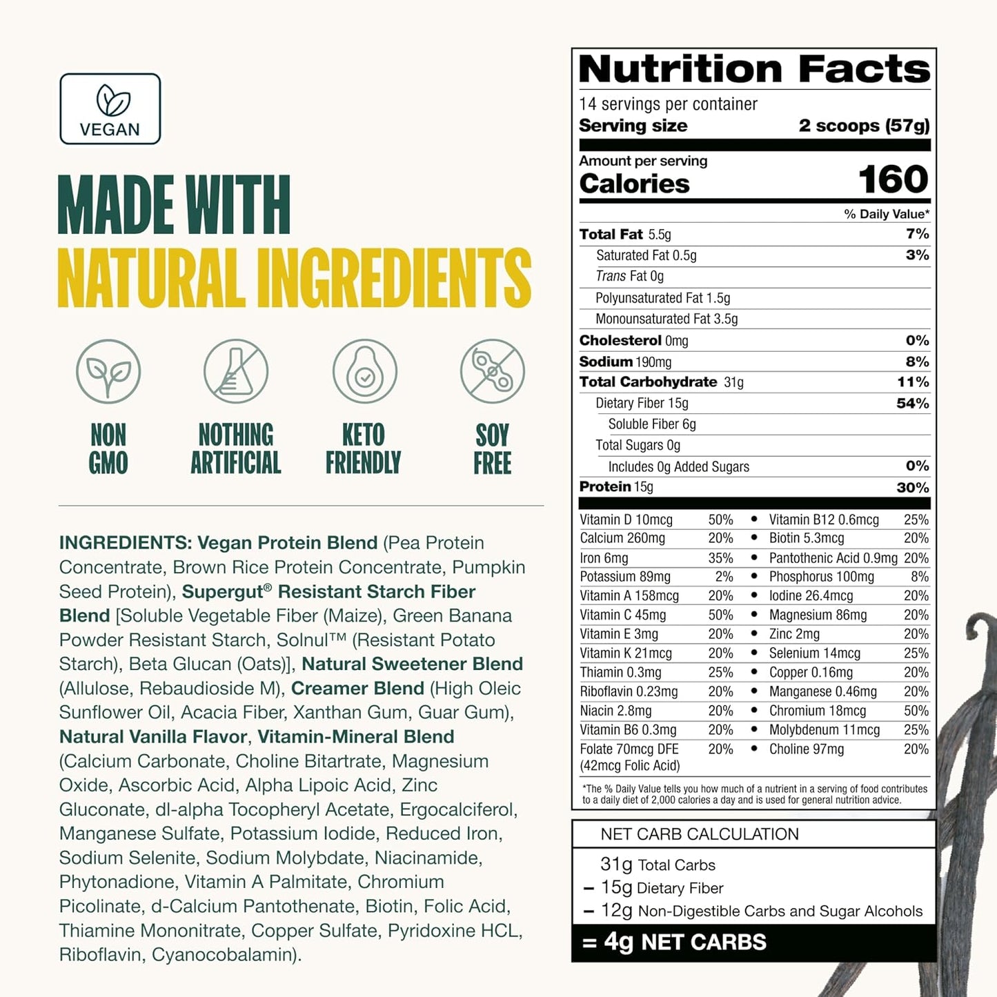 Supergut Prebiotic Shakes | Meal Replacement | Boost GLP-1 | High Protein and Fiber | No Added Sugar | Keto Food, Meal, Snack (Vegan Vanilla, 14 servings)