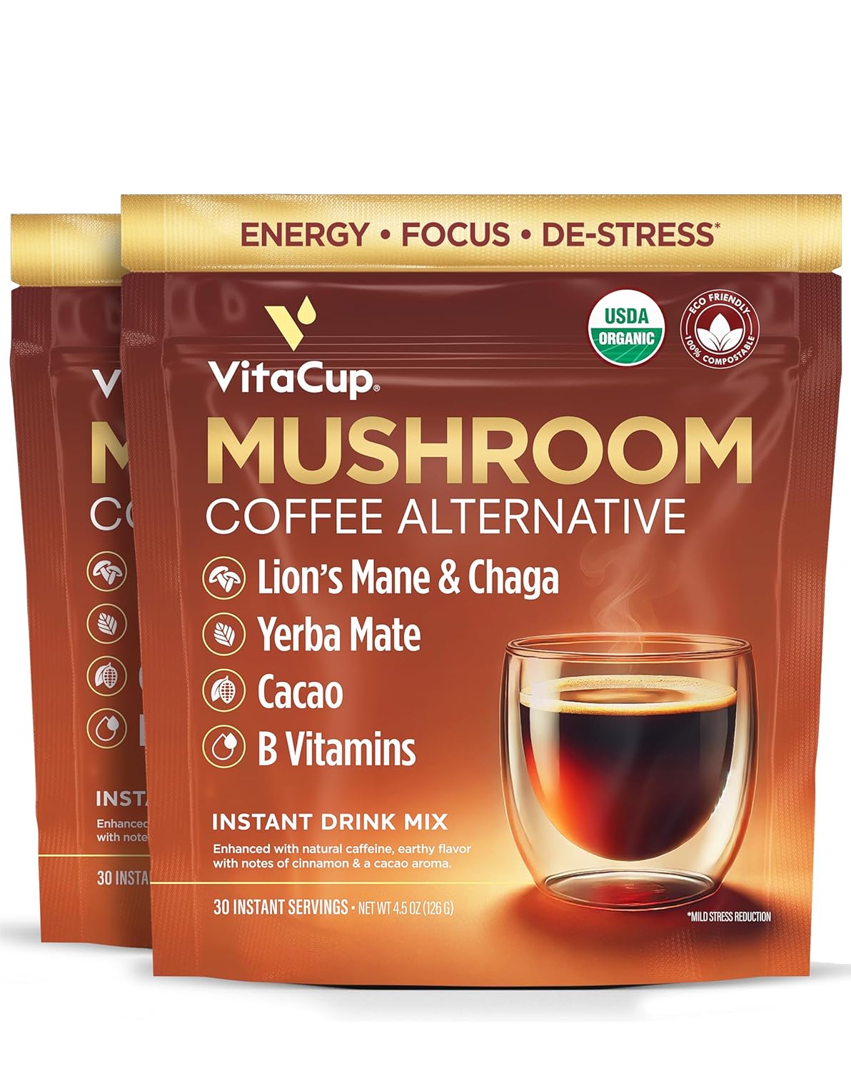 VitaCup Mushroom Coffee Alternative Instant Drink Mix | Mushroom Coffee Substitute for Natural Energy & Focus | Lion’s Mane, Yerba Mate, & Chaga | Cacao, Cinnamon, & B Vitamins | 2 Bags, 60 Servings