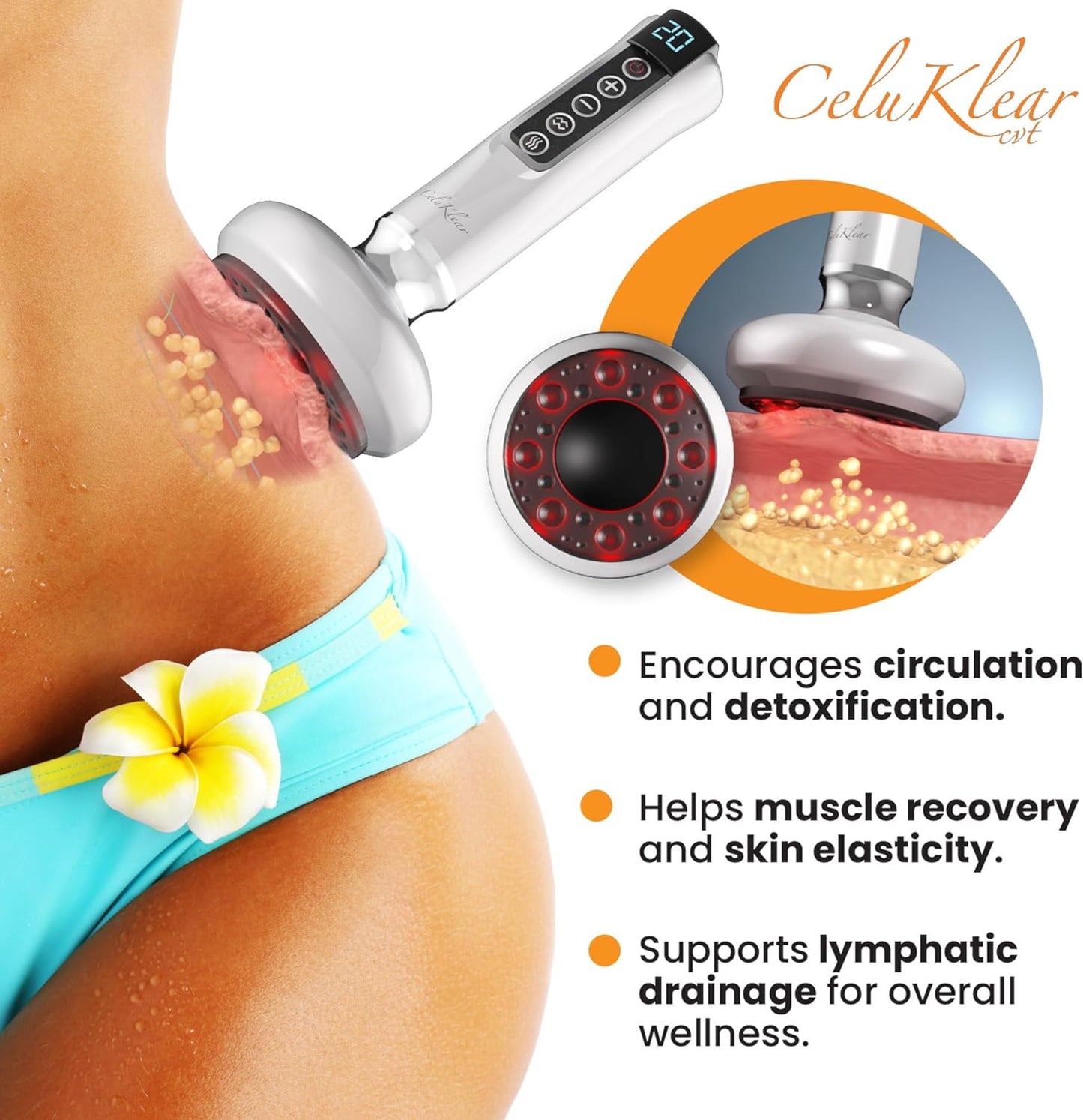 CeluKlear Electric Cupping Therapy Massager CVT 3-in-1 - Vacuum Cupping Therapy Machine for Cellulite, Deep Tissue Massage & Lymphatic Drainage – Adjustable Suction Helps Circulation & Skin