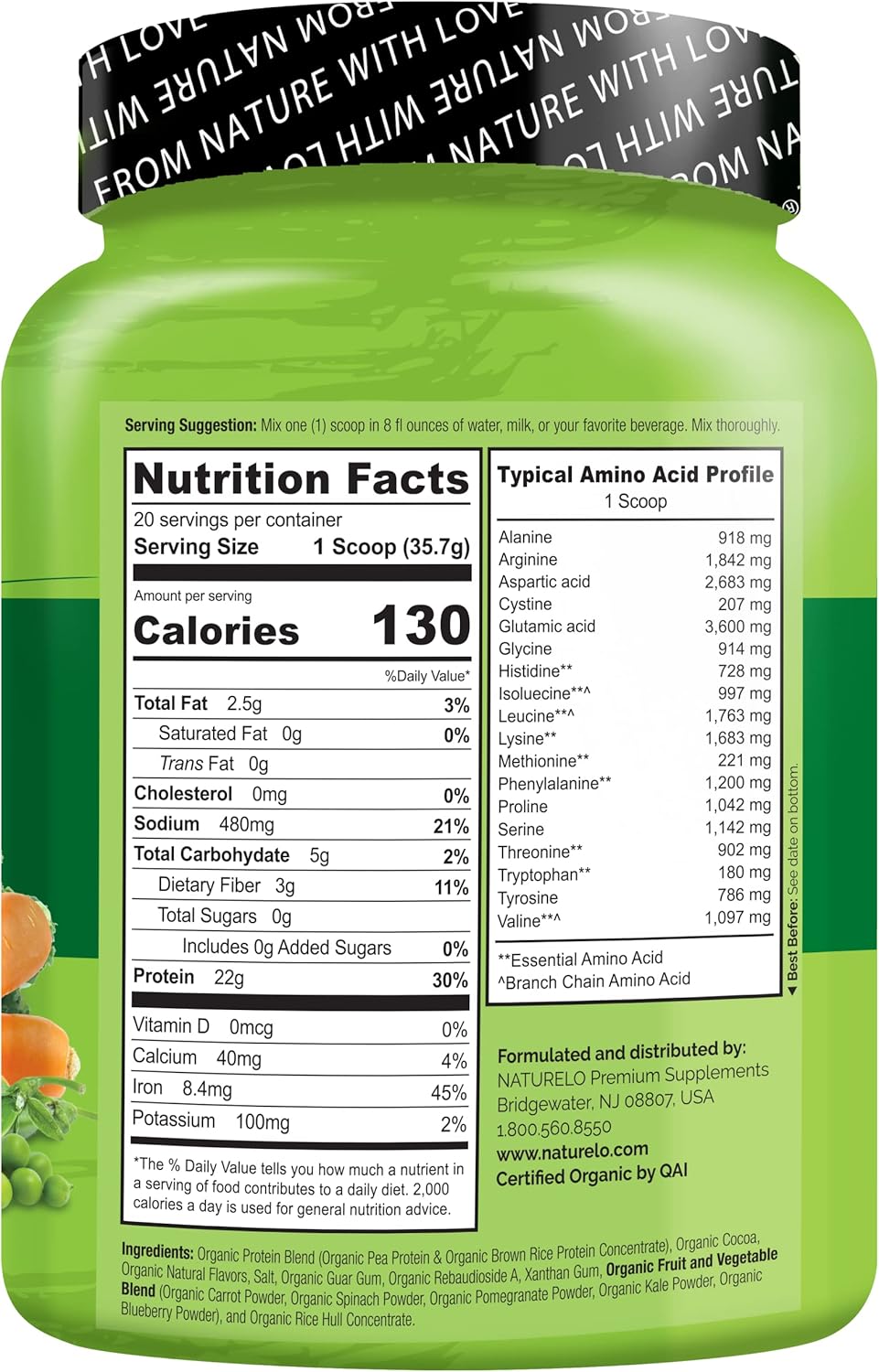NATURELO Plant Protein Powder, Chocolate, 22g Protein - Non-GMO, Vegan, No Gluten, Dairy, or Soy - No Artificial Flavors, Synthetic Coloring, Preservatives, or Additives - 20 Servings
