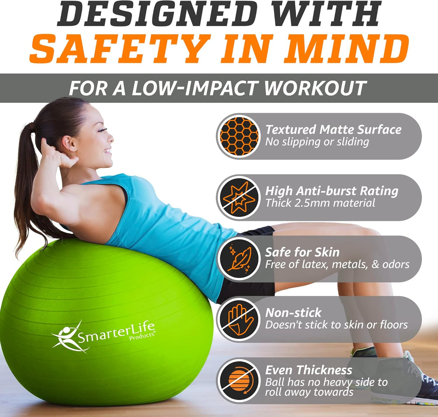 SmarterLife Exercise Ball Yoga Ball for Fitness, Balance, Stability, or Pregnancy, Gym Ball for Core Workout, Physical Therapy, Yoga Ball Chair for Office, Anti-Slip Anti-Burst