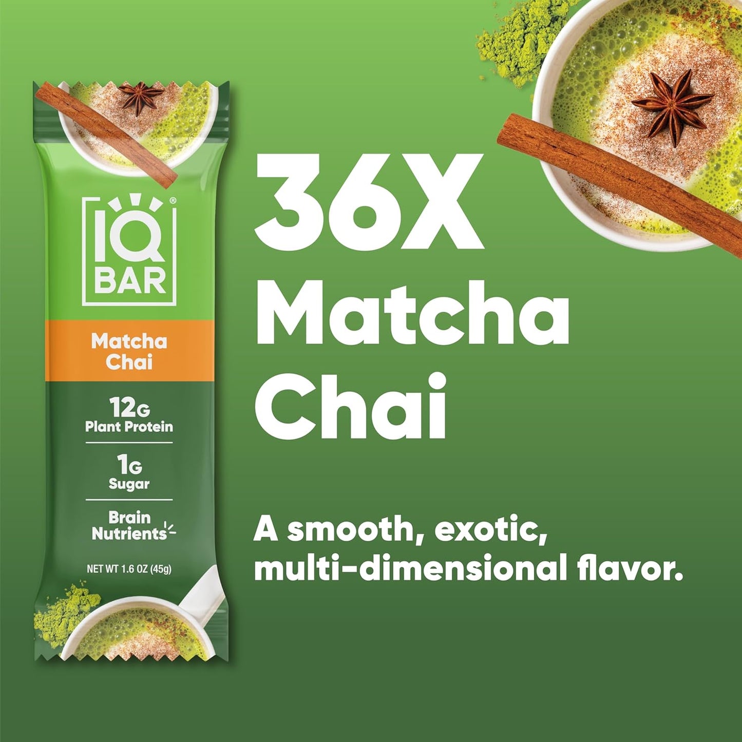 IQBAR Brain and Body Plant Protein Bars - Matcha Chai - 36-Count Low Carb - Gluten Free, High Fiber, Vegan Snacks - Low Sugar Meal Replacement