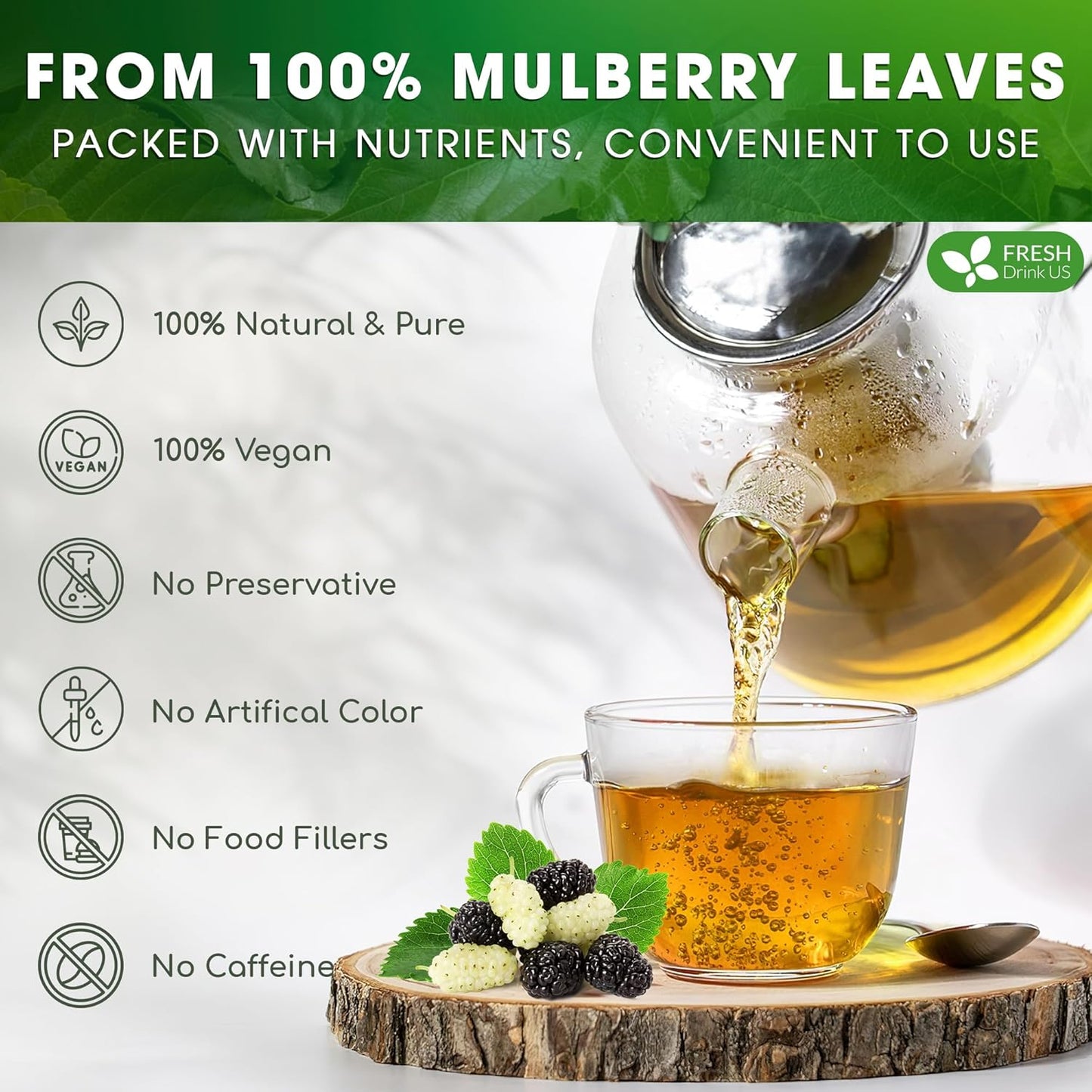 FreshDrinkUS Premium Mulberry Leaf Tea - 50 Bags, 100% Natural & Pure. Loose Leaf Herbal Tea. Natural Material Tea Bags. No Sugar, Caffeine, Gluten. Vegan.