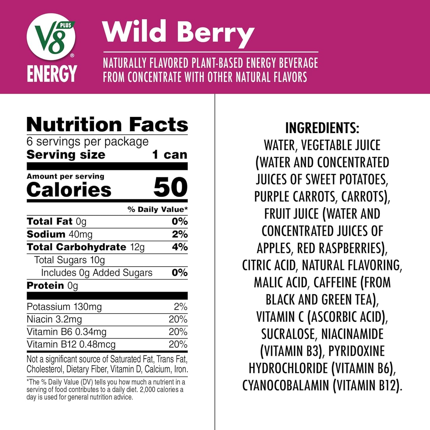 V8 +Energy Wild Berry Juice Energy Drink, 8 fl oz Can (6 Pack)