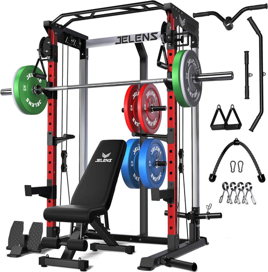 Power Cage, 2000LBS Multi-Function C21 Power Rack with Dual Pulley Cable Crossover System, All-in-One Squat Rack with More Training Attachments
