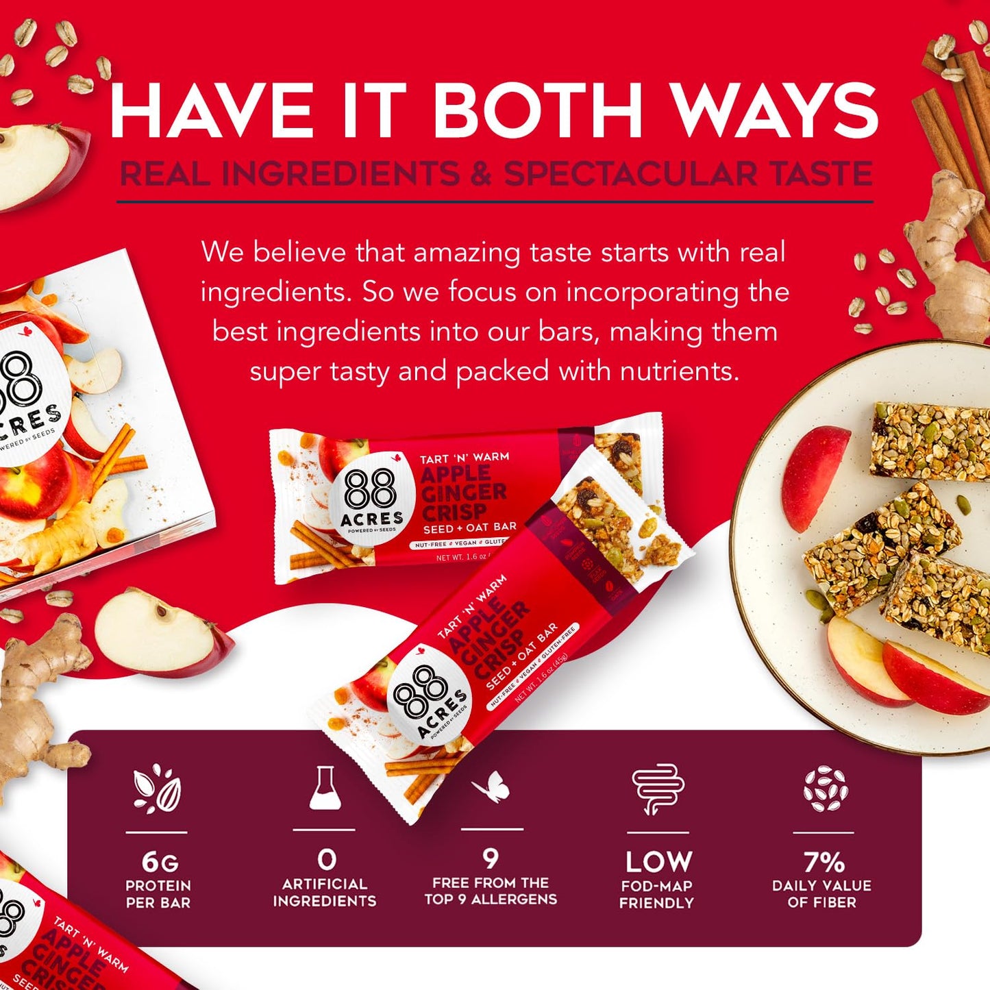 88 Acres Granola Bars | Apple Ginger Crisp | Gluten Free, Nut-Free Oat and Seed Snack Bar | Vegan & Non GMO | 12 Pack