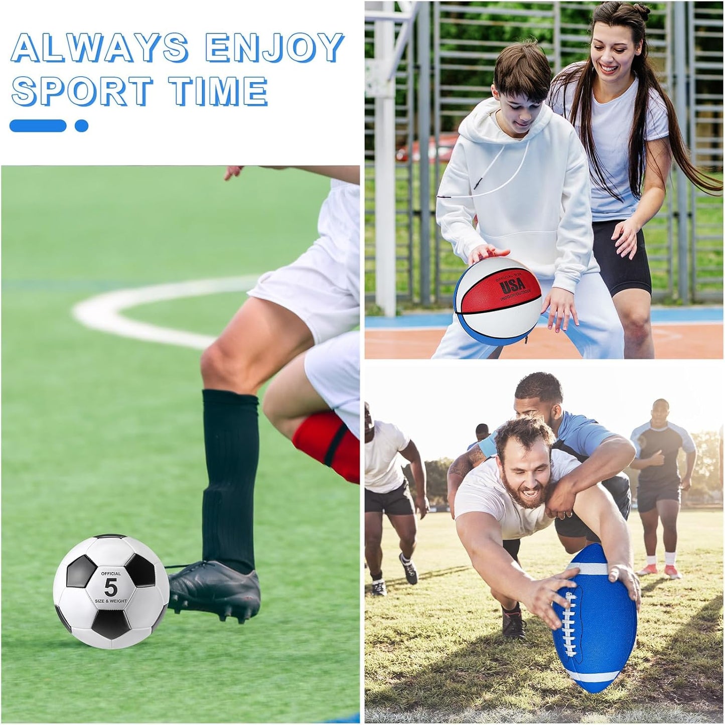 Sratte 6 Pcs Sports Balls Set for Kids Teens Adults Official Size Football Soccer Basketball with Pump Sports Equipment Bag for Youth Training Practice Gift Back to School