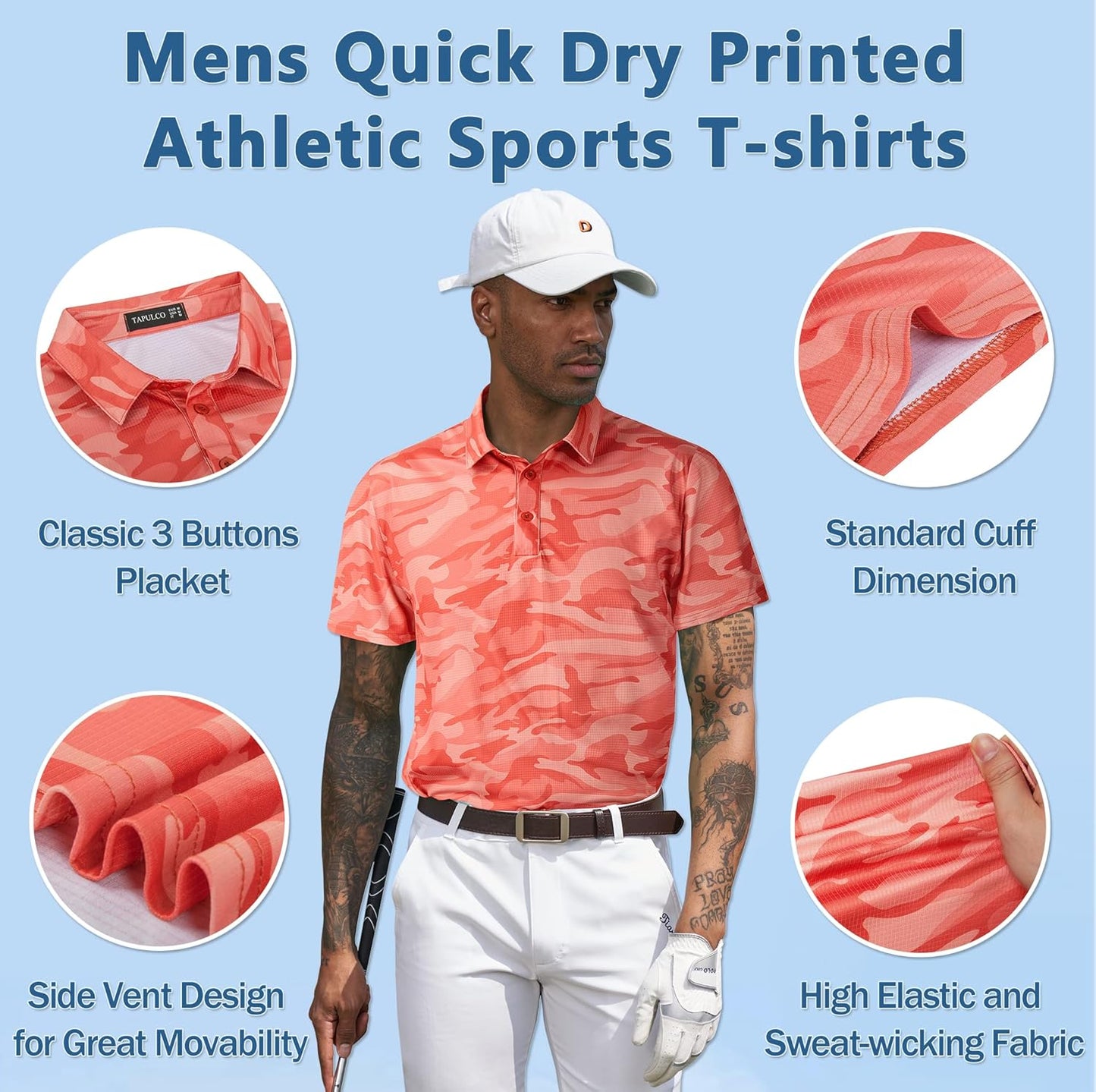 TAPULCO Mens Quick Dry Polo Shirts Camouflage Pattern Performance Athletic Lightweight Breathable Casual Golf Tshirts