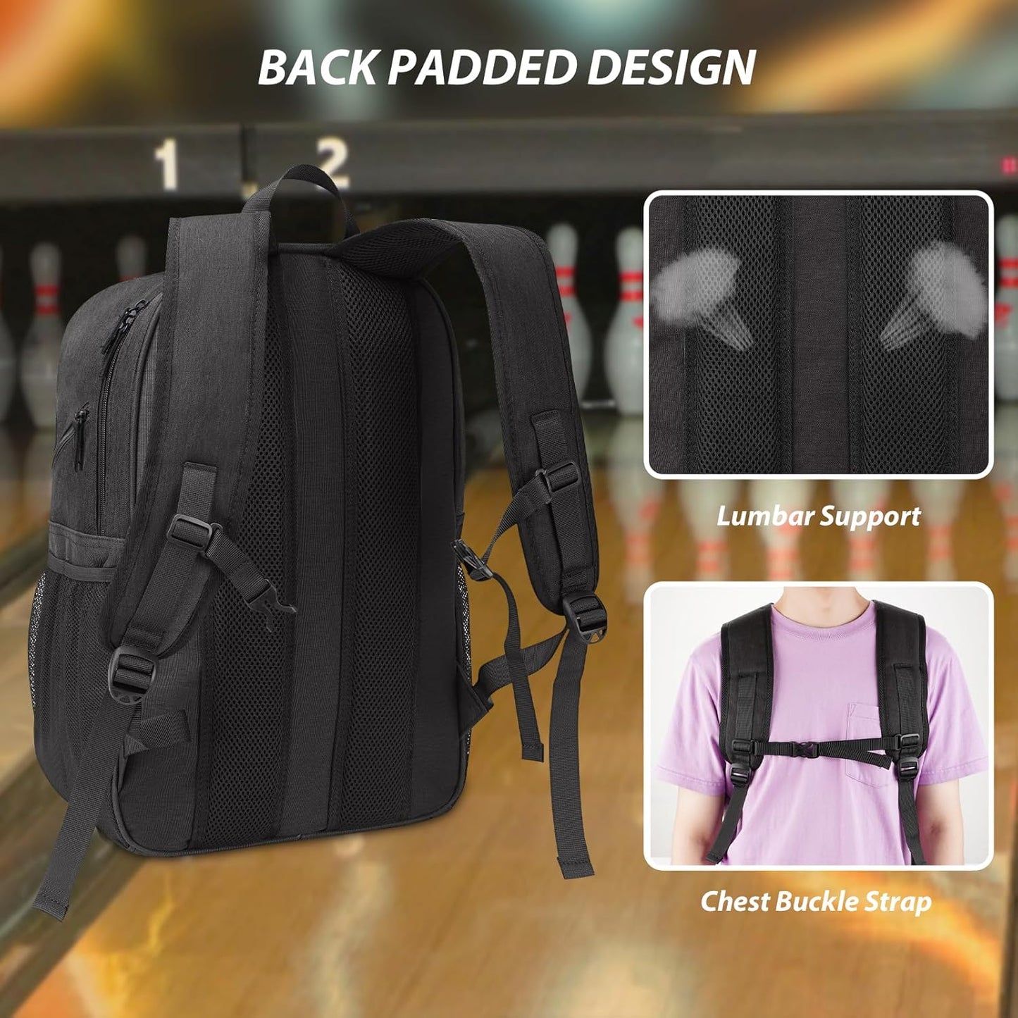 Bosynoy Bowling Backpack, Bowling Ball Bag Totes for Single Ball with Shoe Compartment & Foam Padded, Fits Shoes Up to US Mens Size 16, Grey