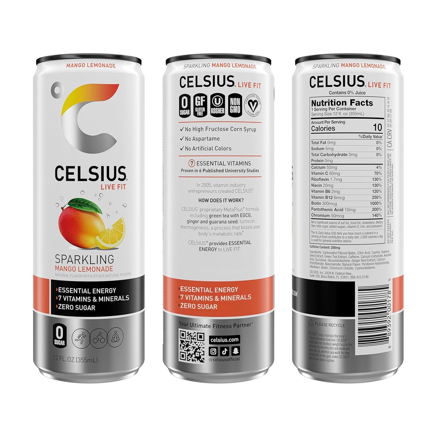 CELSIUS Sparkling Mango Lemonade, Sugar Free Energy Drink, 12 Fl Oz (Pack of 12)
