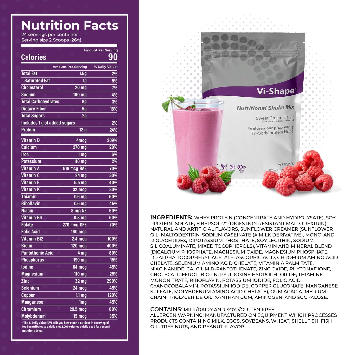 Vi-Shape Raspberry Super Biotin 1 Shake Pouch (24 Servings) + 1 Box Raspberry Mix-in (15 Servings) Delicious ViShape Shake with Strawberry Mix-in