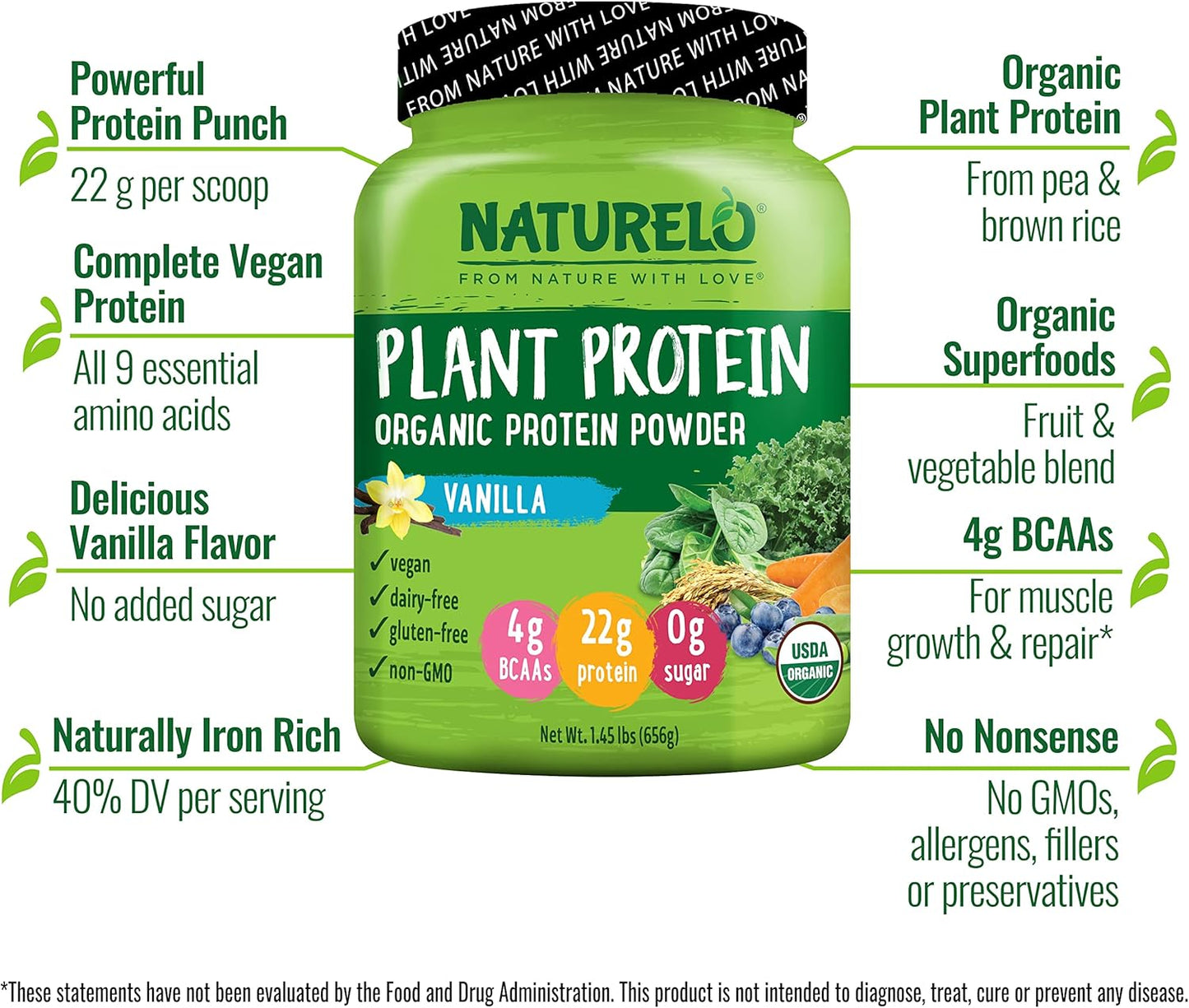 NATURELO Plant Protein Powder, Vanilla, 22g Protein - Non-GMO, Vegan, No Gluten, Dairy, or Soy - No Artificial Flavors, Synthetic Coloring, Preservatives, or Additives - 20 Servings