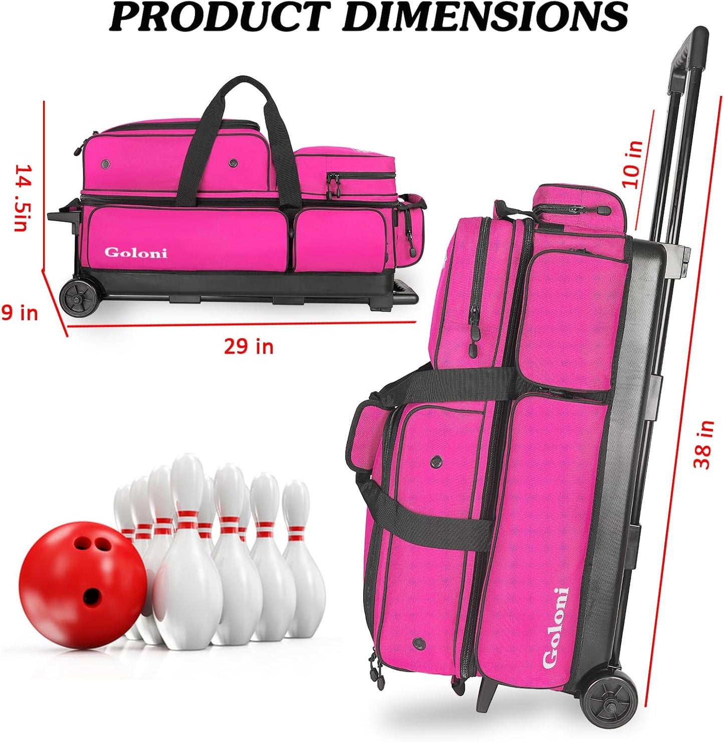 Goloni 3 Ball Bowling Bags with Wheels - Rolling Bowling Bag for 3 Balls & Accessories - Retractable Handle Extends to 38