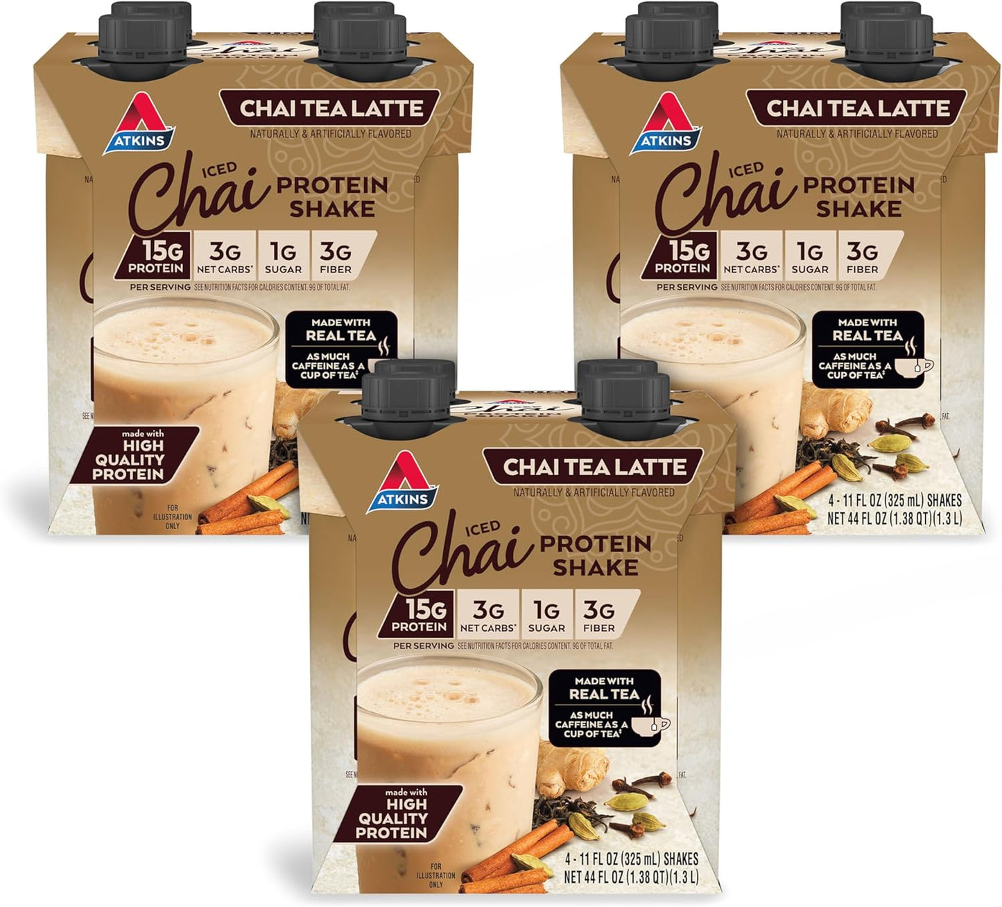 Atkins Chai Tea Latte Protein Shake with 15g Protein, 3g Net Carbs, 1g Sugar and Atkins Chocolate Chip Protein Cookie with 10g Protein, 3g Net Carbs, 1g Sugar, Keto Friendly, 4 Count