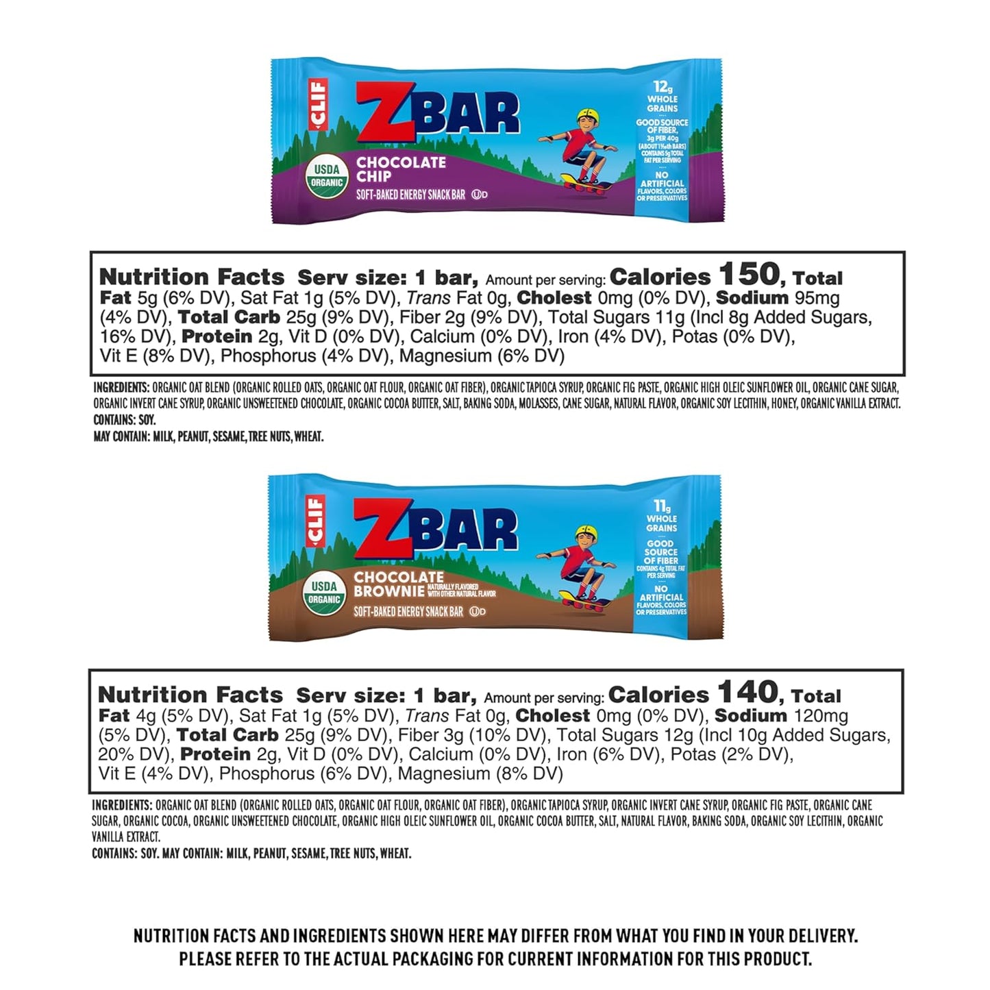 Zbar - Chocolate Chip and Chocolate Brownie - Variety Pack - Soft Baked Whole Grain Snack Bars - USDA Organic - Non-GMO - Plant-Based - 1.27 oz. (36 Count)