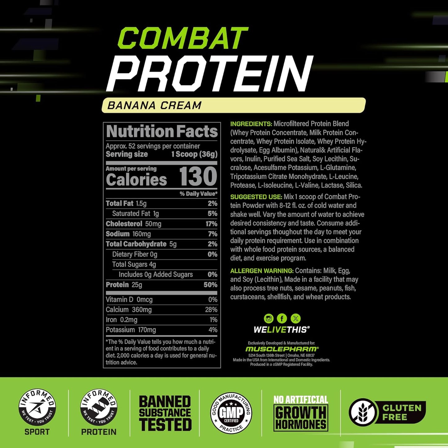 MusclePharm Combat Protein Powder, Banana Cream Flavor, Fuels Muscles for Productive Workouts, 5 Protein Sources including Whey Protein Isolate & Egg Albumin, Gluten Free, 4 lb, 52 Servings