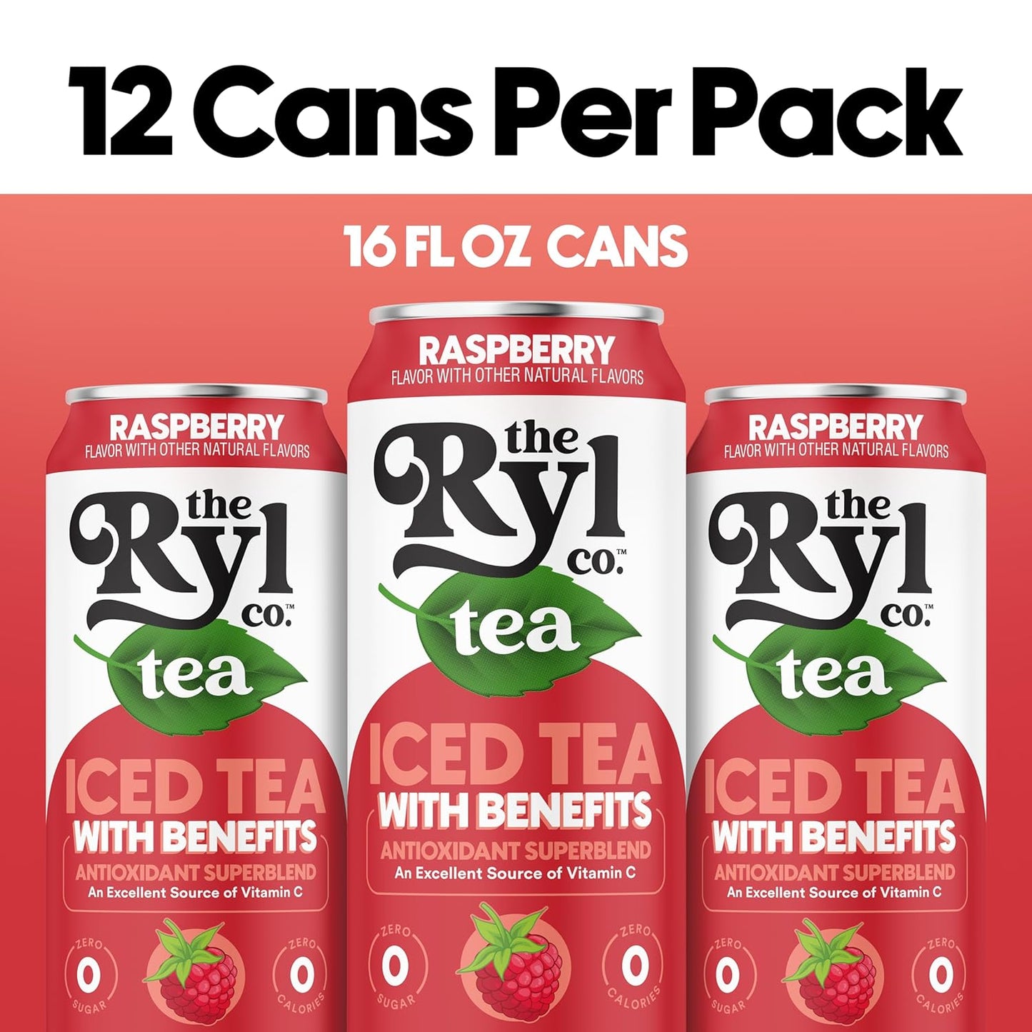 Ryl Iced Tea, Raspberry, Antioxidant Superblend, Zero Sugar, Low Carb, Zero Calorie Iced Tea, 16.0 Fl Oz (12-Pack)
