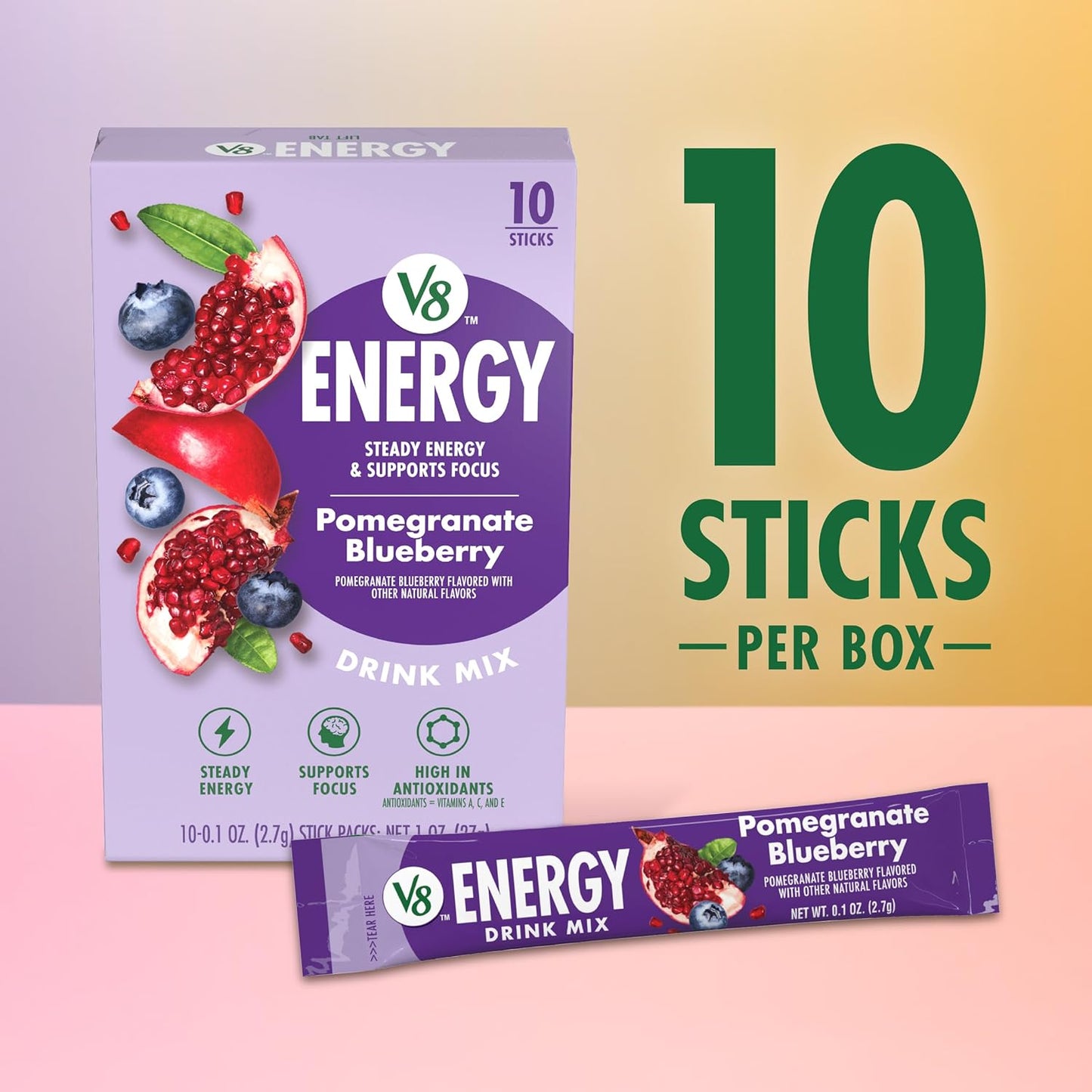 Bundle of V8 Energy Strawberry Lemonade, Peach Mango, & Pomegranate Blueberry Energy Drink Powder, .10 oz Packet (30 Count)