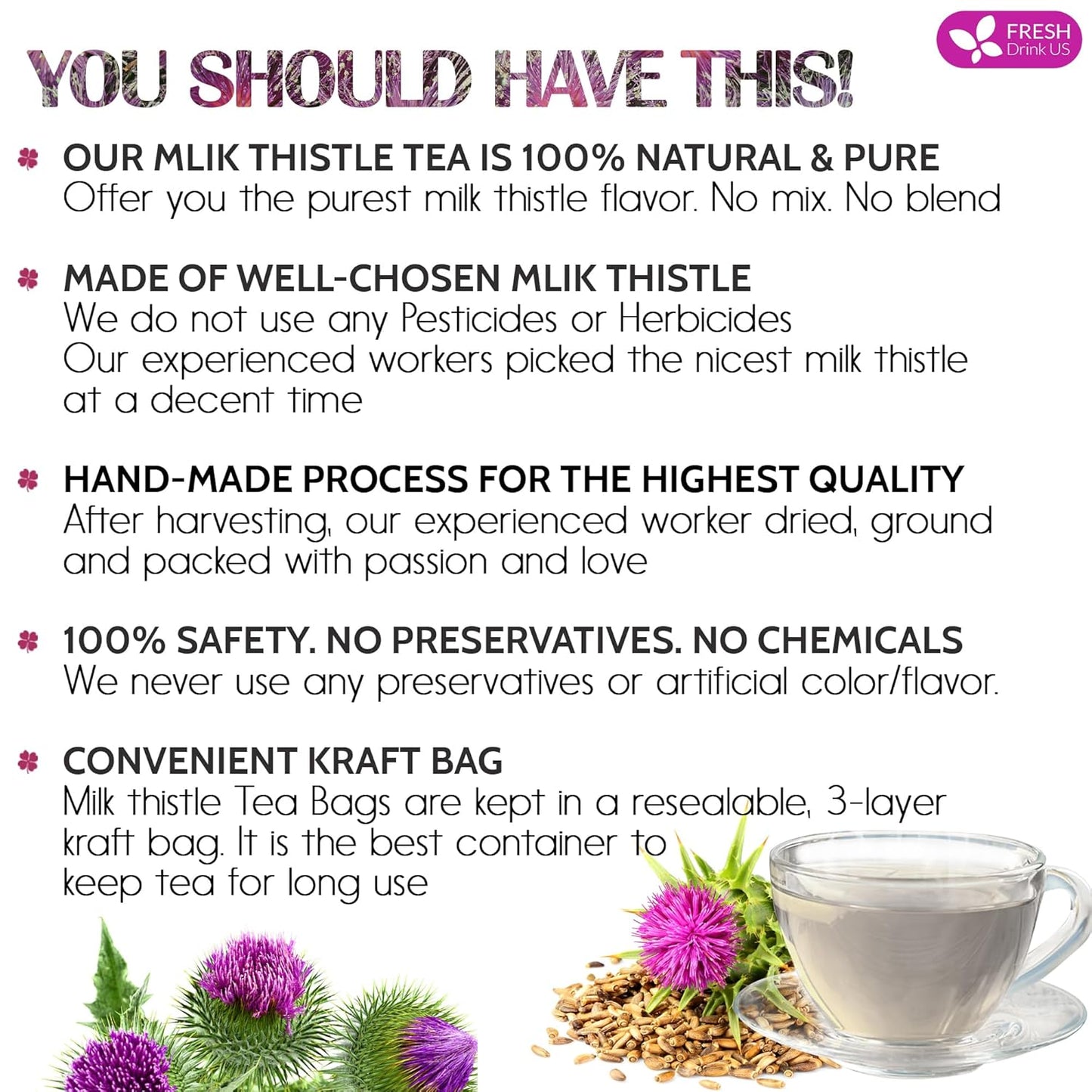 FreshDrinkUS, Premium 135 Milk Thistle Tea Bags, 100% Natural & Pure from Milk Thistle Seeds. Milk Thistle Seed Herbal Tea. Made with Natural Material Tea Bags. No Sugar, No Caffeine, No Gluten, Vegan.