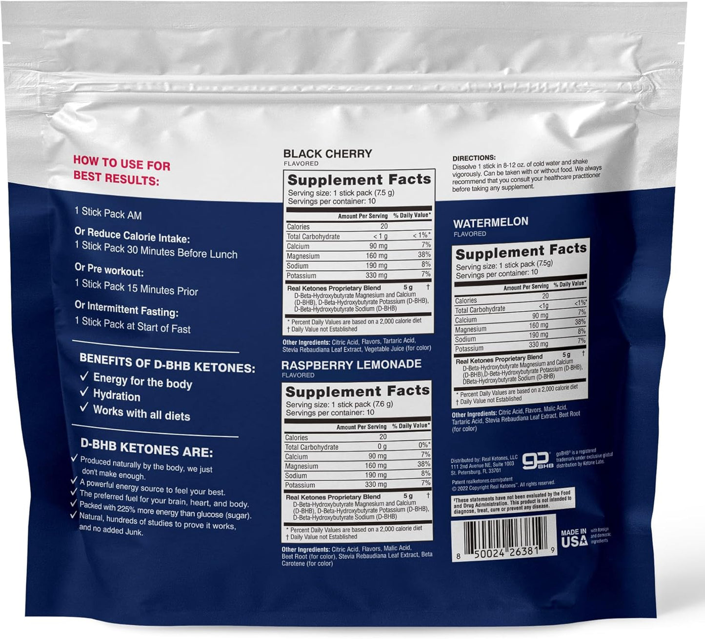 Real Ketones BHB Exogenous Ketones Drink Mix Packets Keto Electrolytes Powder Packets No Sugar with 4 Main Fasting Electrolytes Plus Hydrating Patented Keto BHB - 30 Count Variety Pack
