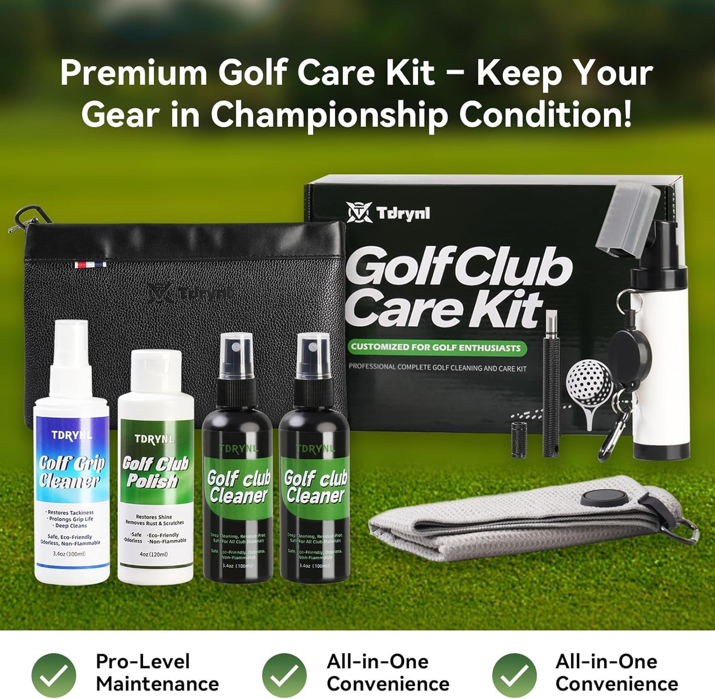 Pro Golf Club Care Kit – Cleaner, Polish, Brush, Groove Sharpener, Grip Cleaner, Magnetic Towel & Leather Bag – Restores Clubs, Removes Rust & Scratches, Renews Tackiness