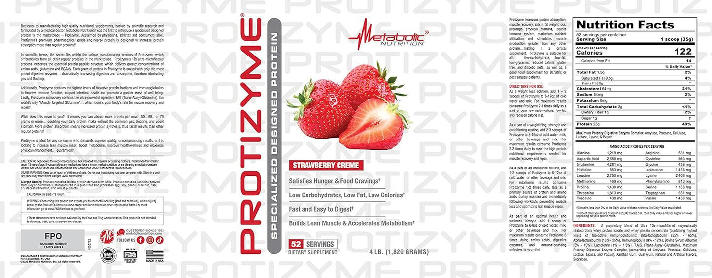 Metabolic Nutrition, Protizyme, 100% Whey Protein Powder, High Protein, Low Carb, Low Fat Whey Protein, Digestive Enzymes, 24 Essential Vitamins and Minerals, 4 Pound (52 ser)