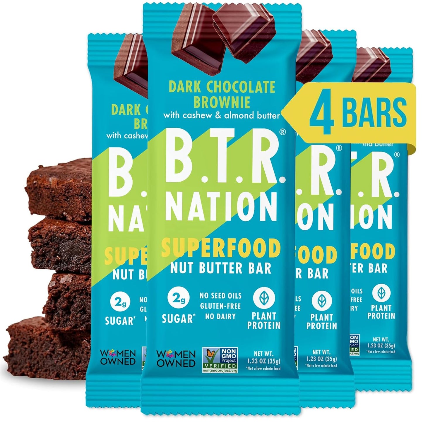 B.T.R. Nation Vegan Keto Superfood Protein Bars - Brownie RECHARGE | 4 Bars | Low Carb, Plant Based, and Gluten Free, Free of Sugar Alcohols and Boosted with Powerful Superfoods!