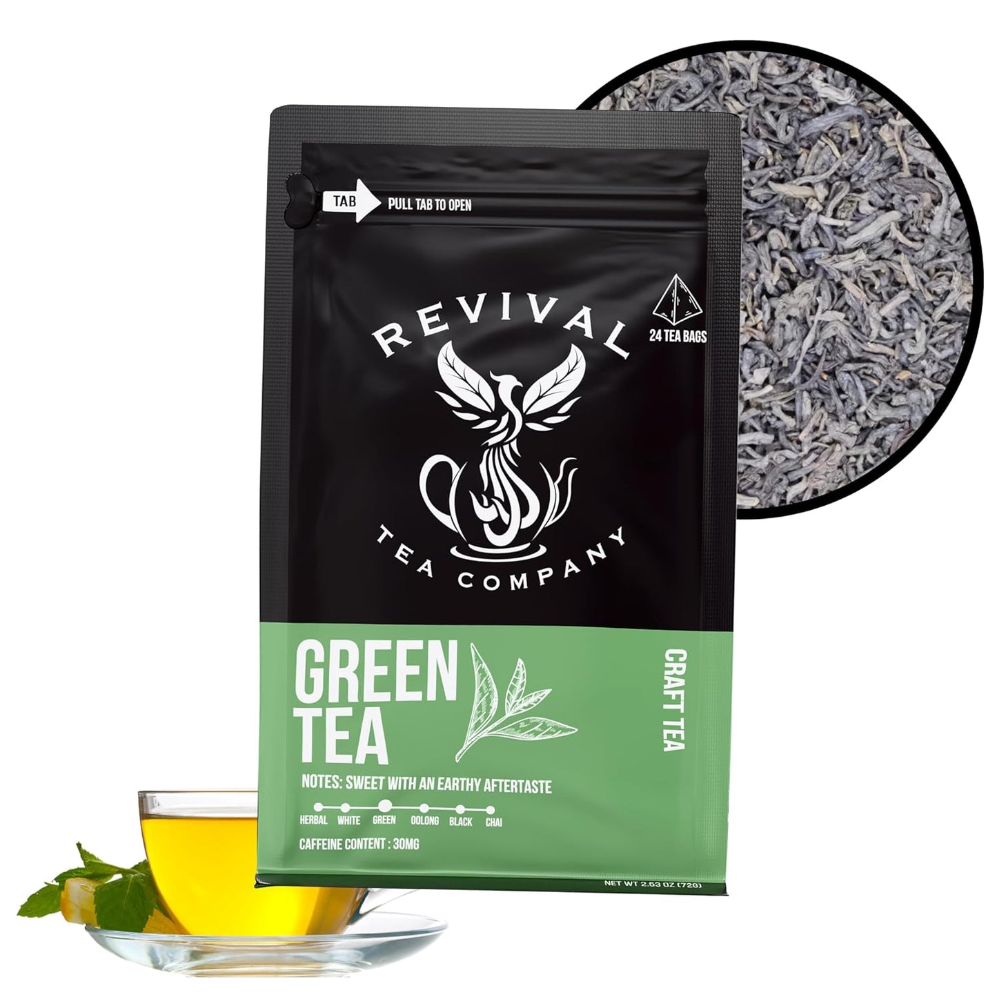 Revival Tea Company Green Tea - Signature Green Tea Made from 100% Chun Mee Tea - 24 Tea Bags